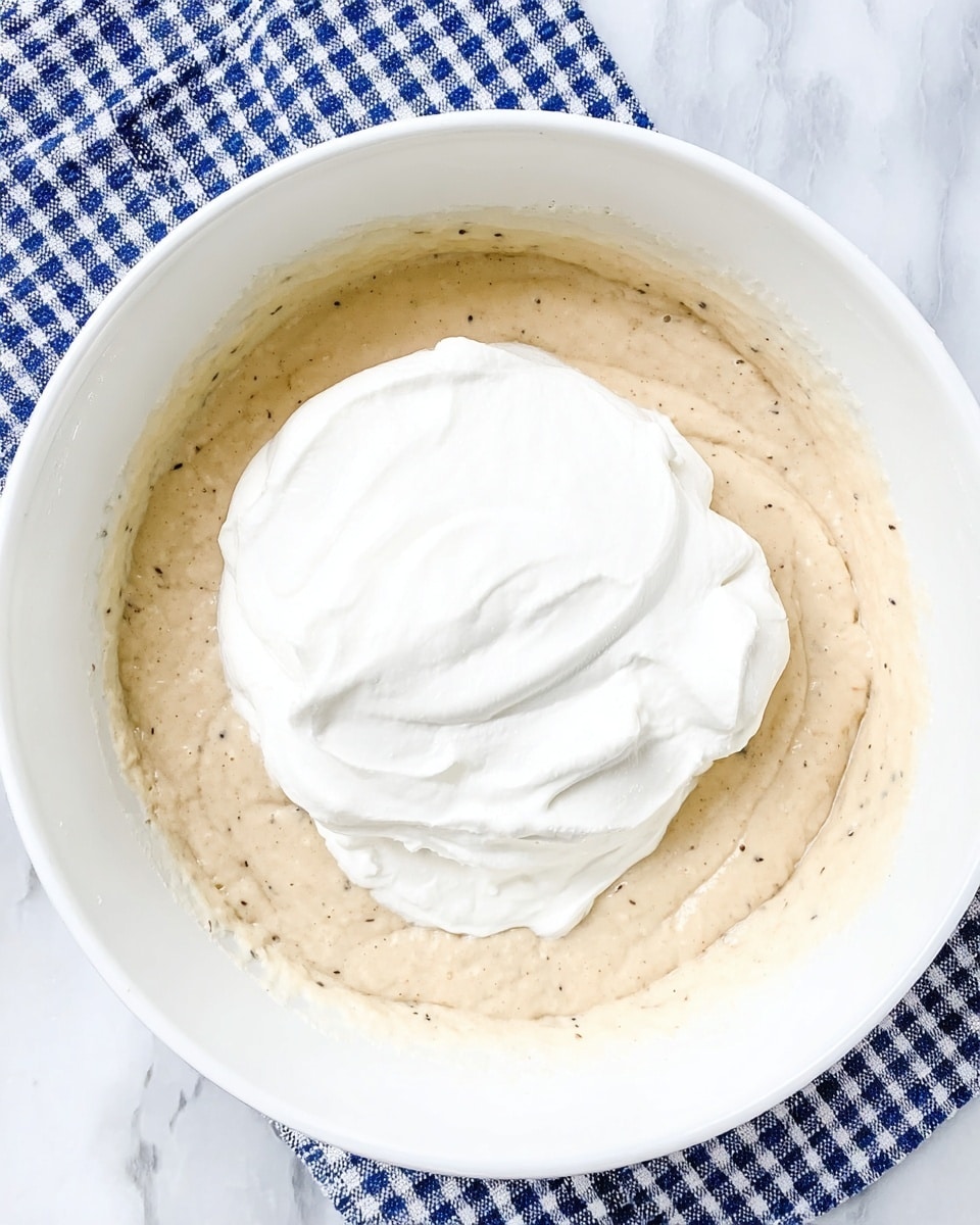 A white bowl sits on a blue and white checkered cloth over a white marbled surface, filled with two visible layers of mixture. The bottom layer is thick, beige batter with small dark spots and a slightly rough texture. On top, there is a large dollop of smooth, fluffy white cream, slightly piled and soft in appearance, ready to be mixed in. Photo taken with an iphone --ar 4:5 --v 7