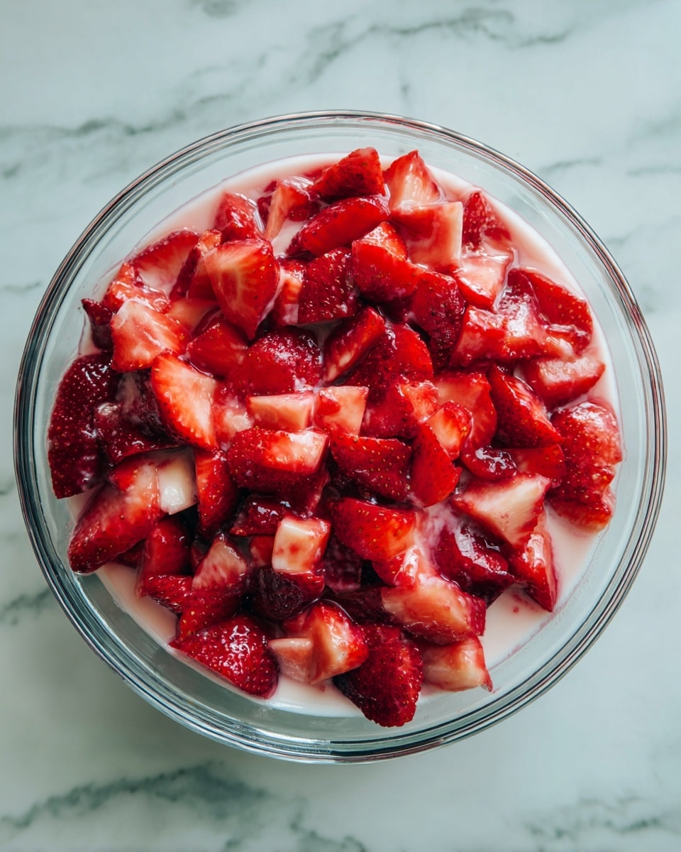 A clear glass bowl filled with roughly chopped strawberries, showing bright red and deep red colors, with some strawberries slightly covered in a light pink syrup, giving a glossy look. The strawberries are piled thick inside the bowl, filling it almost to the top. The bowl sits on a white marbled surface. photo taken with an iphone --ar 4:5 --v 7