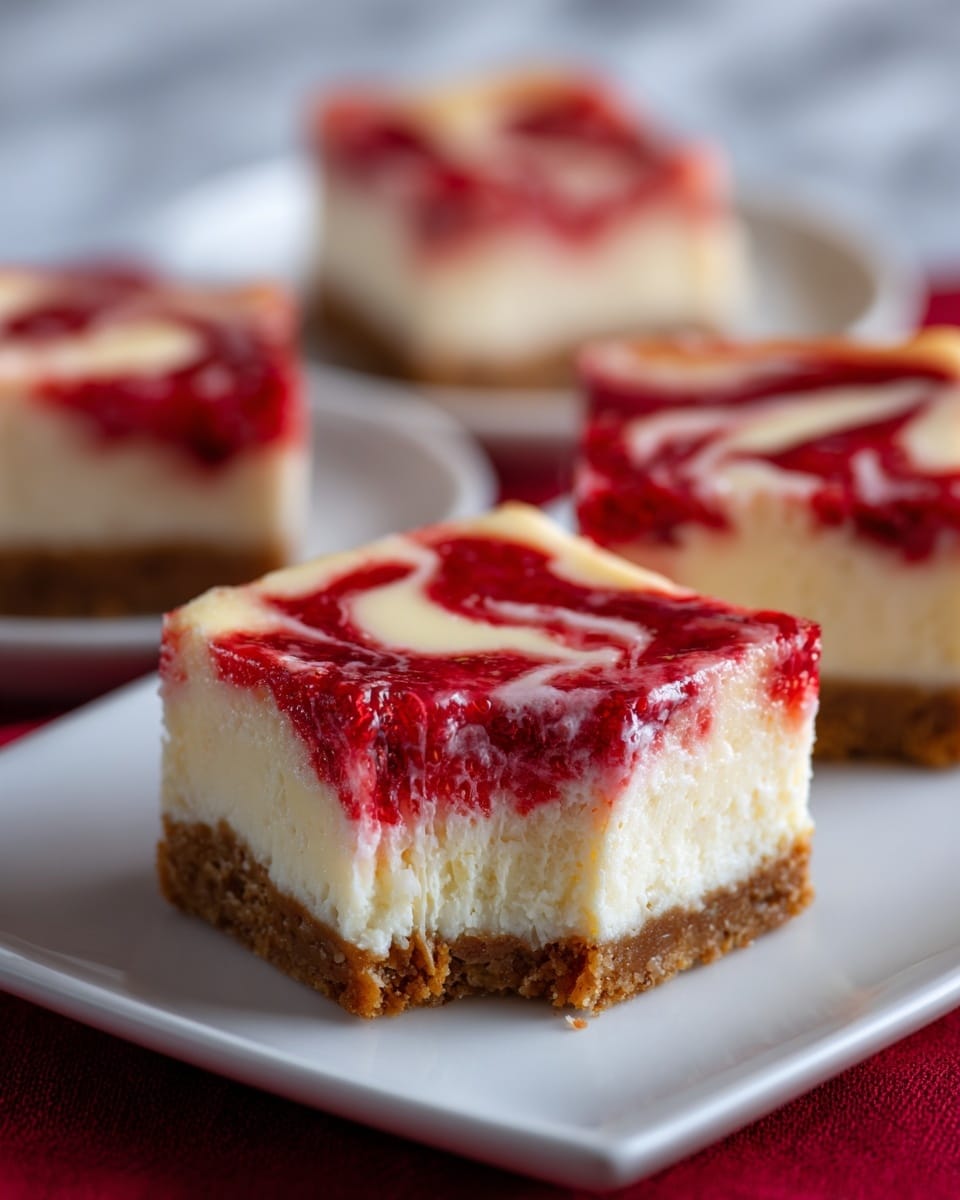 A close-up of a square cheesecake bar on a white plate, placed on a red cloth, with a white marbled surface background. The cheesecake bar has three visible layers: a thick beige crust at the bottom, a thick creamy white cheesecake middle layer, and a glossy, vibrant red strawberry swirl layer on top that forms uneven patterns. The top layer looks juicy and textured, and a small bite is taken from the front bottom corner of the cheesecake bar. In the blurry background, two more cheesecake bars can be seen on a white plate. Photo taken with an iphone --ar 4:5 --v 7