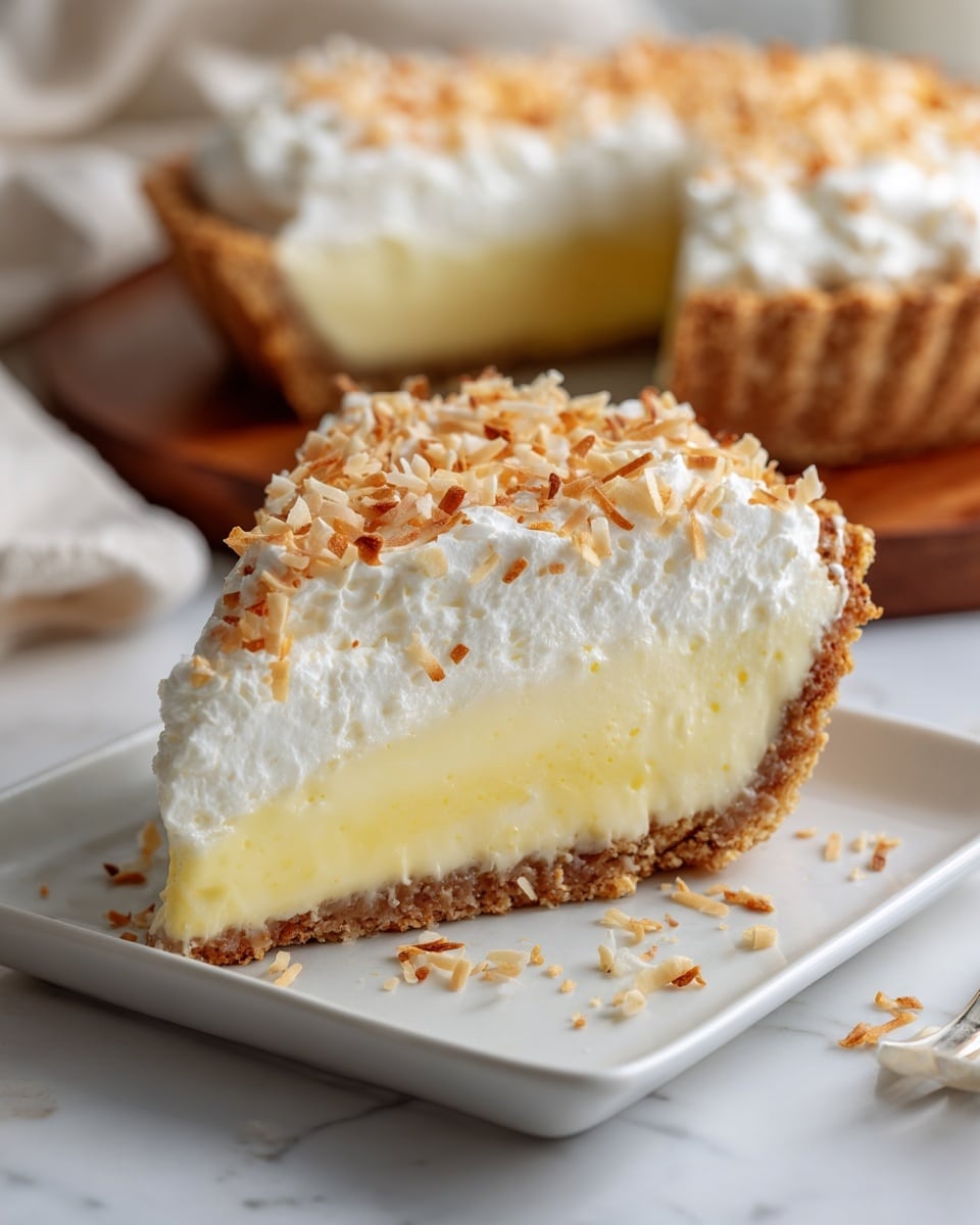 The image shows a close-up of a slice of cream pie on a white rectangular plate. The pie has three layers: a light brown crumbly crust at the bottom, a thick pale yellow creamy filling in the middle, and a thick white whipped topping layer on top. The whipped topping is decorated with small pieces of toasted brown coconut flakes scattered on the surface. A small spoonful of the pie is taken from the slice and placed near the pie on the plate. The background is a white marbled texture. Photo taken with an iphone --ar 4:5 --v 7