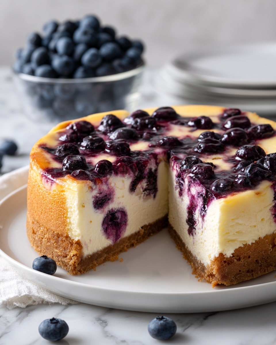 A round cheesecake with three visible layers: the bottom layer is a light brown crumbly crust, the middle layer is thick and creamy white cheesecake, and the top layer is pale yellow with deep purple blueberry swirls spread unevenly across the surface. The cheesecake rests on a white plate, placed on a white marbled surface. In the background, there is a clear glass bowl filled with fresh blueberries. Photo taken with an iphone --ar 4:5 --v 7