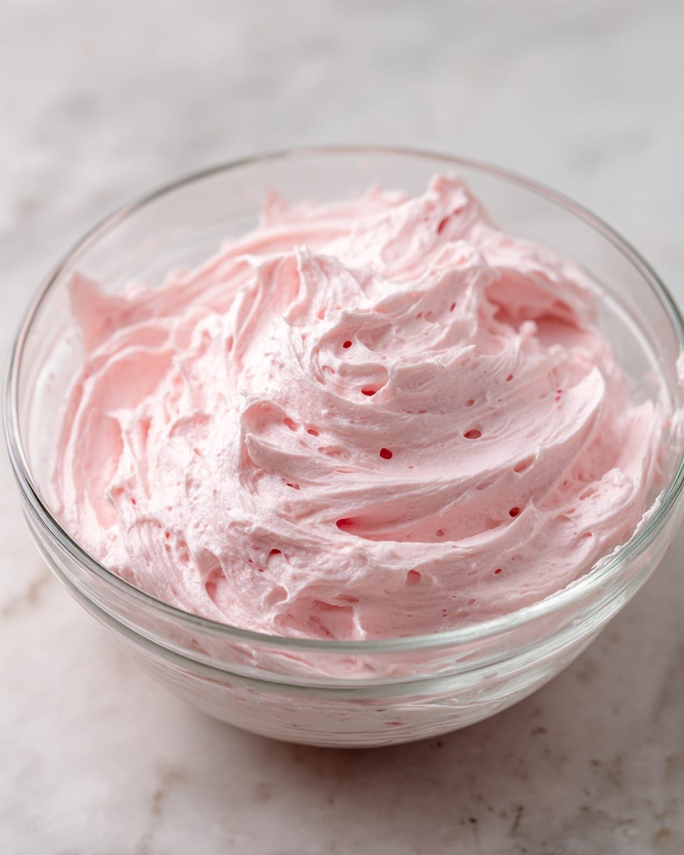 A clear glass bowl filled with a single layer of fluffy pink frosting, showing a smooth and creamy texture with subtle swirls and small air pockets throughout. The bowl sits on a white marbled surface with soft lighting highlighting the light pink color and delicate movement in the frosting photo taken with an iphone --ar 4:5 --v 7