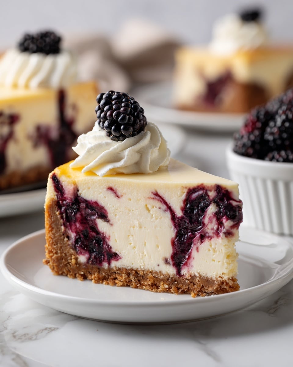 A slice of cheesecake sits on a white plate over a white marbled surface. It has three layers: a bottom layer of golden brown crumb crust with a coarse texture, a thick middle layer of smooth, creamy white cheesecake swirled with dark purple and red berry sauce, and a top layer of white whipped cream rosettes each topped with a fresh, glossy blackberry. In the background, another plate with a cheesecake slice and a silver fork rest slightly blurred. Photo taken with an iphone --ar 4:5 --v 7