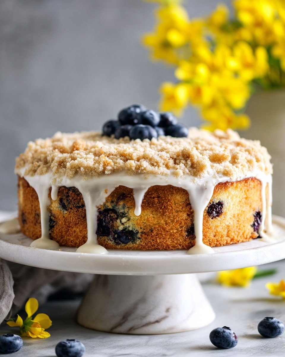 A slice of crumb cake rests on a white plate with thin black rings; the cake has three layers: a bottom yellow cake layer with a soft texture, a middle dark purple blueberry filling that is thick and rich, and a top crumb layer with a light brown color made of oats and streusel with a slightly rough texture. The crumb layer is lightly dusted with a fine powdery glaze that adds a touch of white shimmer. The background is a white marbled surface. photo taken with an iphone --ar 4:5 --v 7