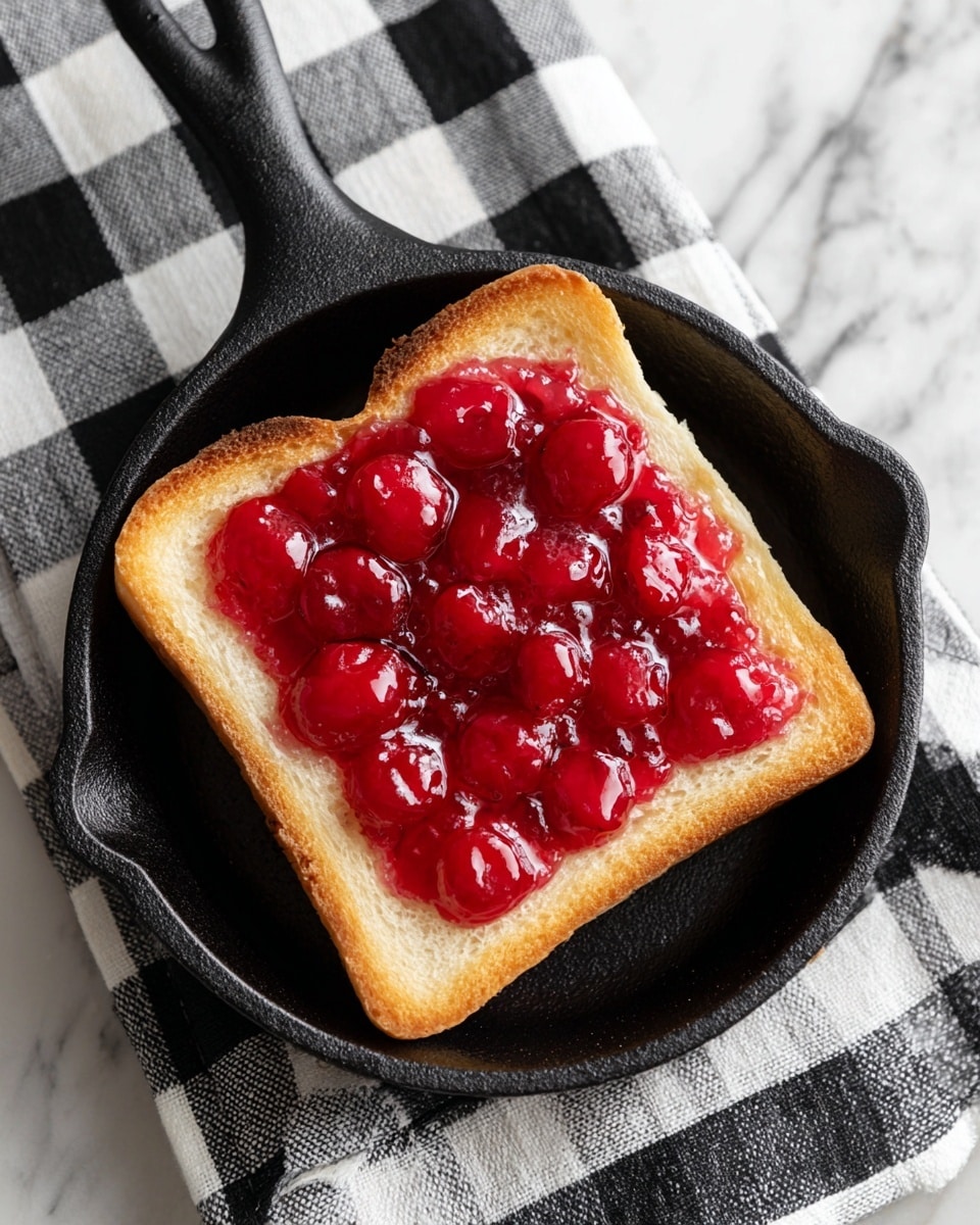 A square slice of white bread is placed flat inside a small black cast iron pan, with thick, glossy bright red cherry pie filling spread evenly on top of the bread. The pan sits on a folded black and white checkered cloth, which is set on a white marbled surface. The bread has a soft texture with lightly browned crust edges surrounding the cherry filling. The image is captured from above in natural light. photo taken with an iphone --ar 4:5 --v 7