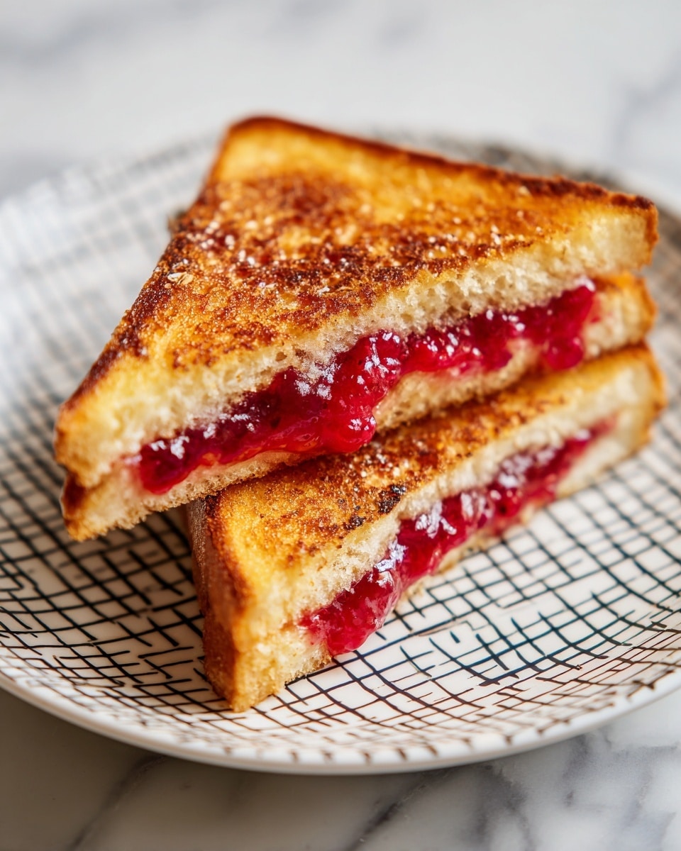 The image shows a grilled sandwich cut into two triangular halves, stacked on top of each other on a white plate with a black checkered pattern. The bread is toasted to a golden brown with a crisp texture, and the top slice reveals a thick layer of bright red cherry filling that looks juicy and glossy, oozing slightly from between the slices. The bottom slice of bread is fully visible, showing its evenly browned surface with a slight crunch. The plate sits on a white marbled surface, adding a clean and bright background to the composition. Photo taken with an iphone --ar 4:5 --v 7