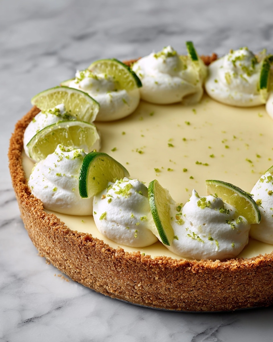 This image shows a round pie with three layers. The bottom layer is a thick, light brown crust with a rough, crumbly texture. On top is a thick, smooth pale yellow filling that covers the whole pie evenly. Around the edge, there are dollops of white whipped cream, each topped with a wedge of bright green lime. Tiny bits of lime zest are scattered across the top of the pie, adding small green specks on the pale yellow surface. The pie sits on a white marbled surface. photo taken with an iphone --ar 4:5 --v 7