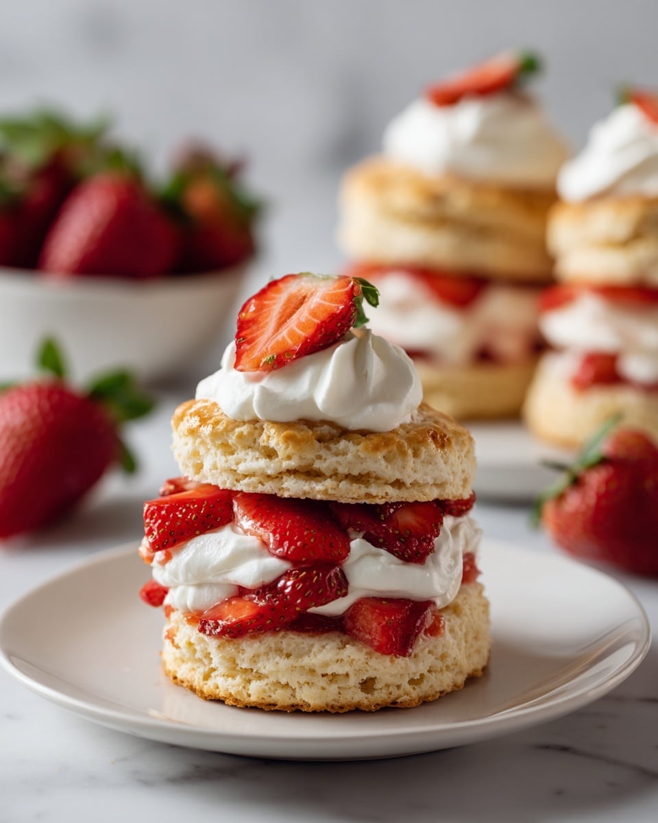The image shows two white plates each holding a strawberry shortcake with three layers: a light beige biscuit on top, a middle layer of white cream, and fresh red strawberry slices, with a single strawberry slice placed on top of the biscuit. To the upper left, a white decorative plate holds three more light beige biscuits. To the upper right, a clear glass bowl is filled with fresh, red strawberries with green leaves. Two silver forks are placed side by side next to the bottom right plate. All items rest on a white marbled surface. photo taken with an iphone --ar 4:5 --v 7