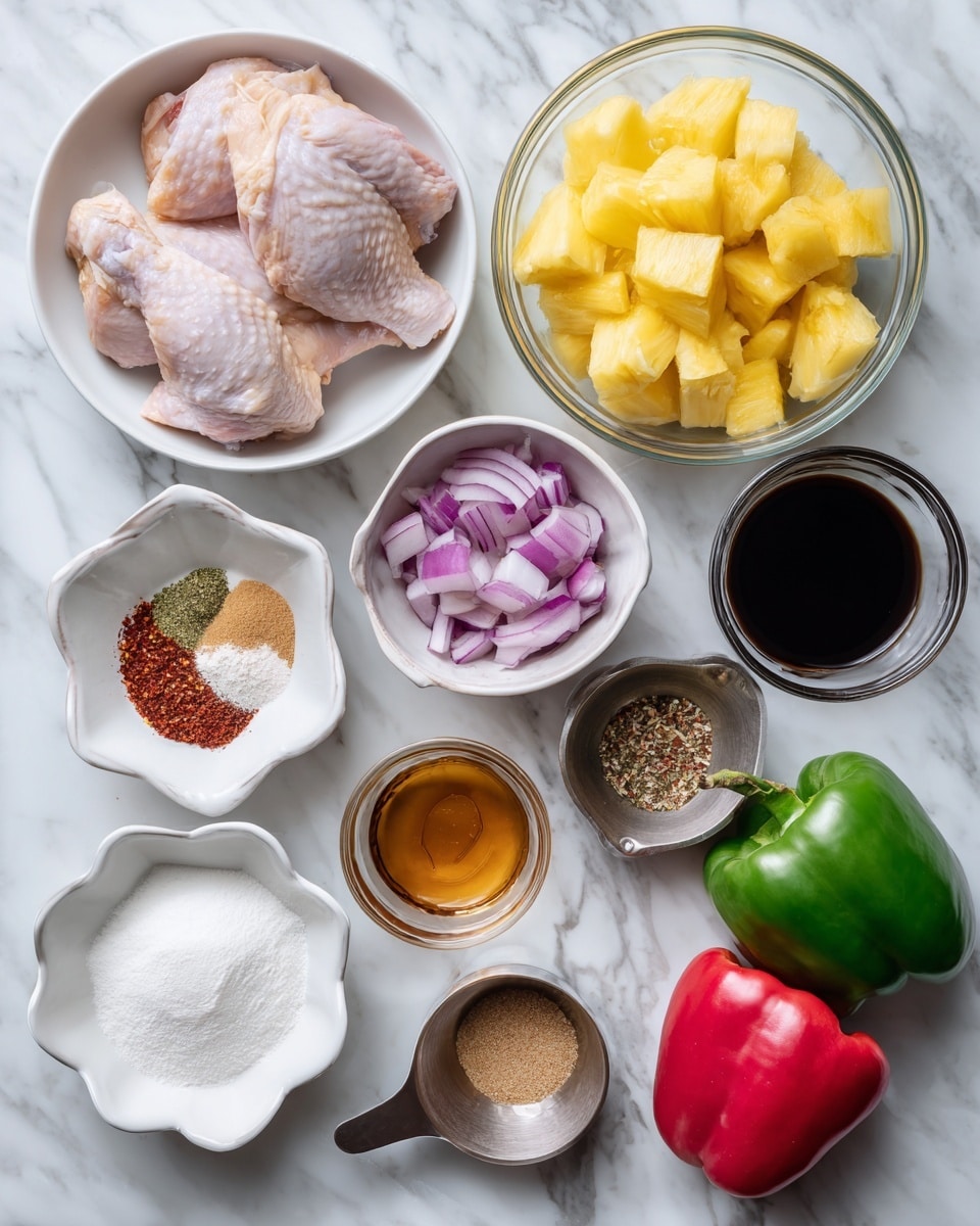 A top view of several white bowls and a white dish placed on a white marbled surface, each holding different cooking ingredients: one large white bowl with four pieces of raw chicken with pale pink skin, one clear glass bowl filled with bright yellow pineapple chunks, one white bowl with chopped red onions showing purple and white layers, one white bowl with a pile of mixed seasonings including brown powder, crushed red flakes, sesame seeds, and minced garlic pieces, one white scalloped bowl with light golden honey, one white scalloped bowl with white cornstarch powder, one metal measuring cup filled with brown sugar, and another metal measuring cup with dark soy sauce; next to the bowls are a large cut red bell pepper showing a hollow inside, and a whole green bell pepper. Photo taken with an iphone --ar 4:5 --v 7