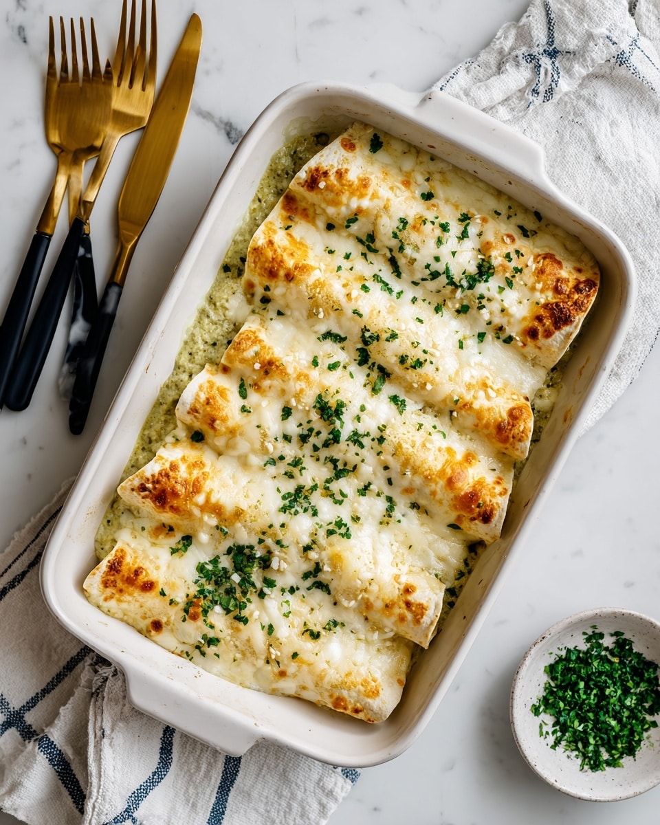 A white baking dish holds two enchiladas side by side, each rolled and covered in a layer of melted pale yellow cheese with some browned spots. Underneath the cheese is a green salsa sauce that spreads unevenly, peeking through in places, adding a slightly chunky texture. Over the top, fresh chopped green cilantro is sprinkled, adding a fresh burst of color. The edges of the enchiladas show soft tortilla folds soaked in the sauce. The dish sits on a white marbled surface with a striped cloth nearby. Photo taken with an iphone --ar 4:5 --v 7