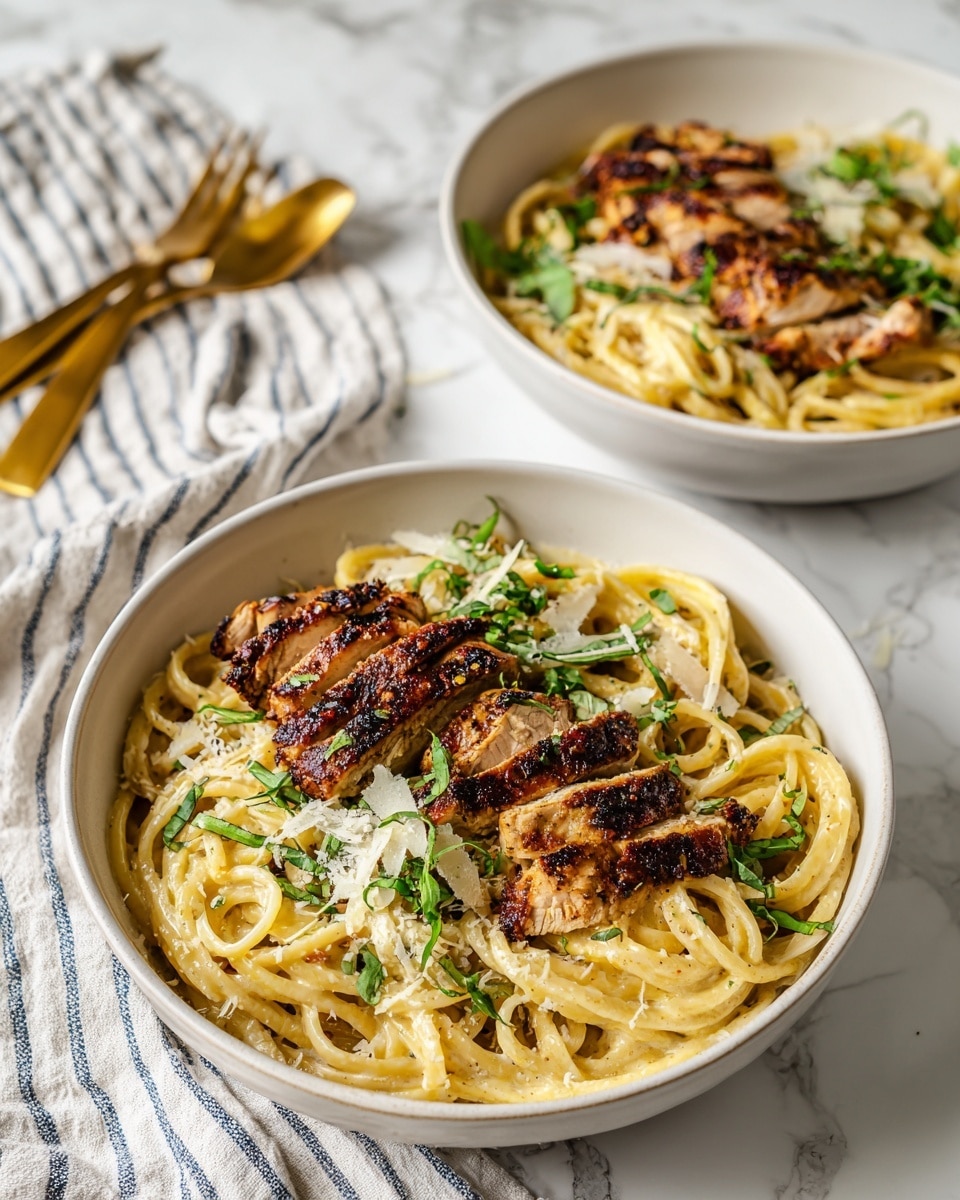 The image shows a dish with two main layers: the bottom layer is creamy pasta ribbons in a pale yellow color, arranged loosely on a round white plate; the top layer has several thick slices of grilled chicken with a brown, crispy outer texture and light white inside, placed neatly in a row in the middle of the pasta. Small green herb leaves are sprinkled on top of the chicken and pasta for color contrast. The dish is set on a white marbled surface. Photo taken with an iphone --ar 4:5 --v 7