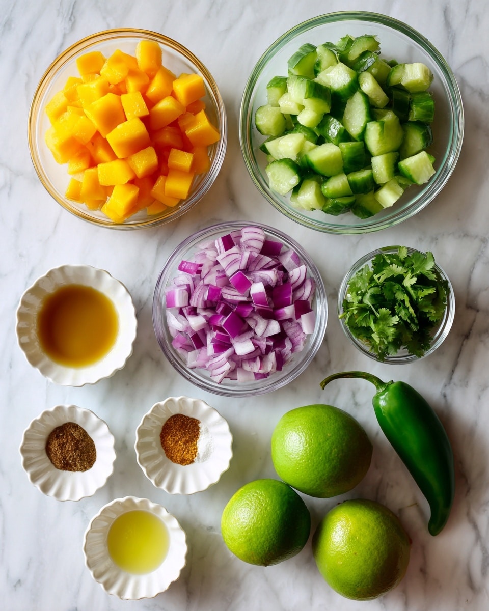 The image shows several ingredients arranged on a white marbled surface. At the top right, there is a clear glass bowl filled with bright green cucumber chunks. Below it, a smaller glass bowl contains diced red onion pieces with purple and white colors. Near the center, there are three whole fresh limes with a shiny green skin. To the left, a medium glass bowl holds bright orange-yellow mango chunks. Below the limes, a small white scalloped bowl holds a light yellow oil, and next to it another white scalloped bowl contains a mix of seasonings in orange, brown, and black colors. Above these, a small clear bowl has fresh green cilantro leaves. At the very top left, a similar white scalloped bowl is filled with golden honey. Near the center bottom, there is a whole green jalapeño pepper with a smooth surface. The items are spread out evenly without overlapping. photo taken with an iphone --ar 4:5 --v 7