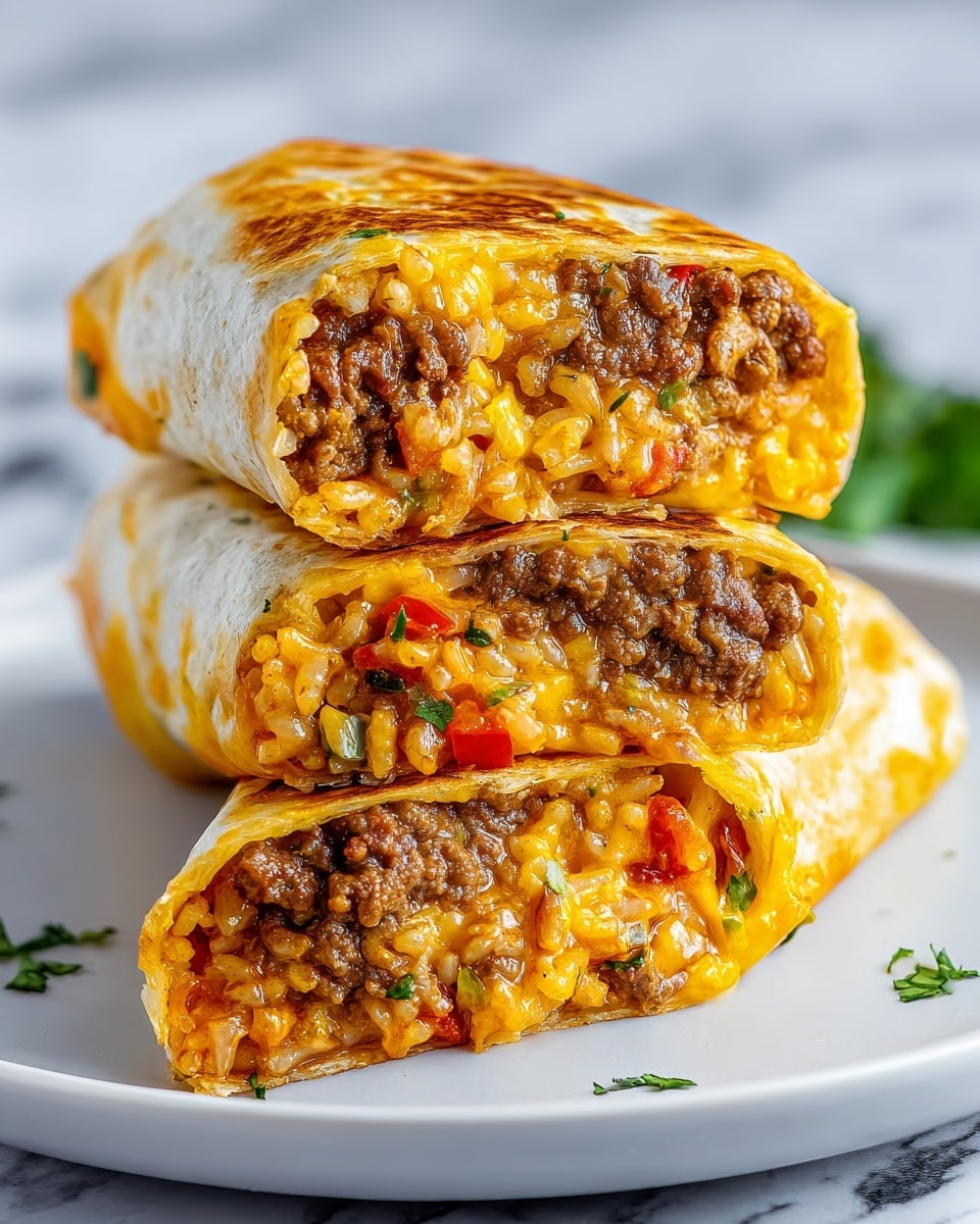 A close-up of a burrito cut in half showing its inside layers. The outer layer is a soft, light yellow tortilla. Inside, there are two thick layers of filling: the first layer is ground meat mixed with small pieces of onion, giving a brown and off-white texture. The second layer contains cooked rice mixed with a reddish sauce and some bits of vegetables, creating a mix of white, red, and brown colors. The two halves are stacked, held by a woman's hand, with a blurred white marbled surface and a white plate in the background. photo taken with an iphone --ar 4:5 --v 7
