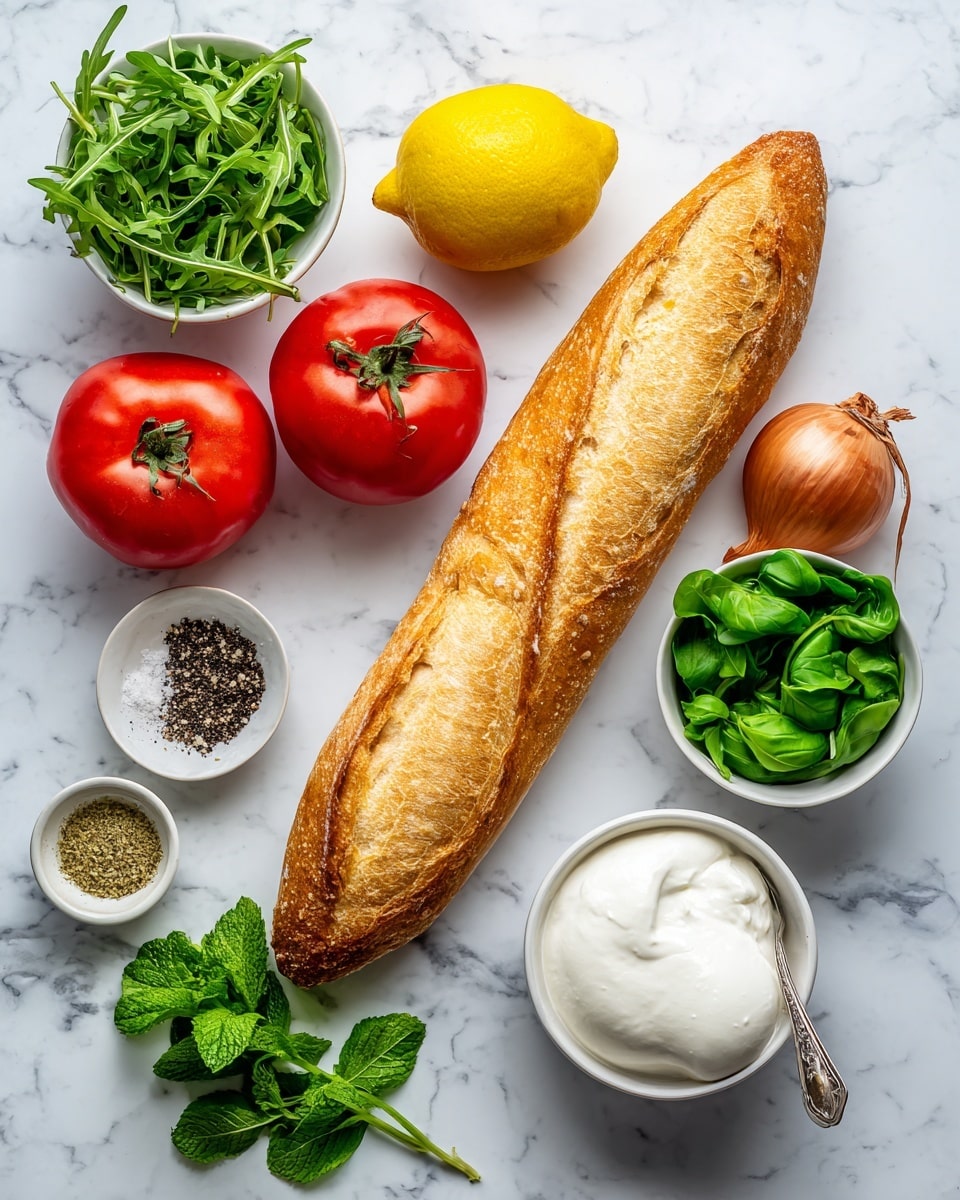 A long golden brown baguette lies on a white marbled surface alongside two smooth, bright red Roma tomatoes and a light brown shallot positioned above them. A small white bowl filled with fresh, dark green arugula leaves sits to the right of the shallot, while a vivid yellow lemon is placed just below the arugula. Below the tomatoes, a small white dish holds coarse black and white seasonings. To the bottom right of the tomatoes, a larger white bowl contains bright green fresh basil leaves, and next to it, a white bowl of creamy Greek yogurt with a spoon inside. At the bottom right corner, a small white bowl holds a smooth, white ball of mozzarella. Some fresh green parsley and mint sprigs are on the marble surface near the bottom left. The image has a bright, clean feel, all elements arranged neatly on a white marbled background. Photo taken with an iphone --ar 4:5 --v 7