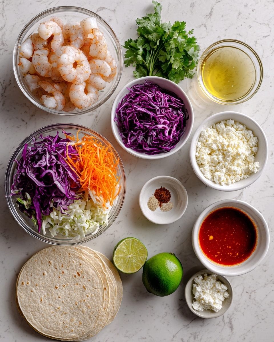 The image shows several ingredients arranged neatly on a white marbled surface. There is a clear glass bowl filled with raw shrimp, another glass bowl with a mix of shredded purple and white cabbage and orange carrot, and a small bunch of fresh green cilantro. Nearby are three white bowls: one with light tan panko breadcrumbs, another with white crumbled cotija cheese, and a third with light yellow mayonnaise. There is a whole bright green jalapeño pepper and a green lime placed next to the bowls. Two small clear glass containers hold olive oil and a pale yellow liquid. A white bowl contains some red and brown seasonings, and another white bowl has a vivid red sriracha sauce. At the bottom left, there is a small stack of light beige tortillas. Photo taken with an iphone --ar 4:5 --v 7