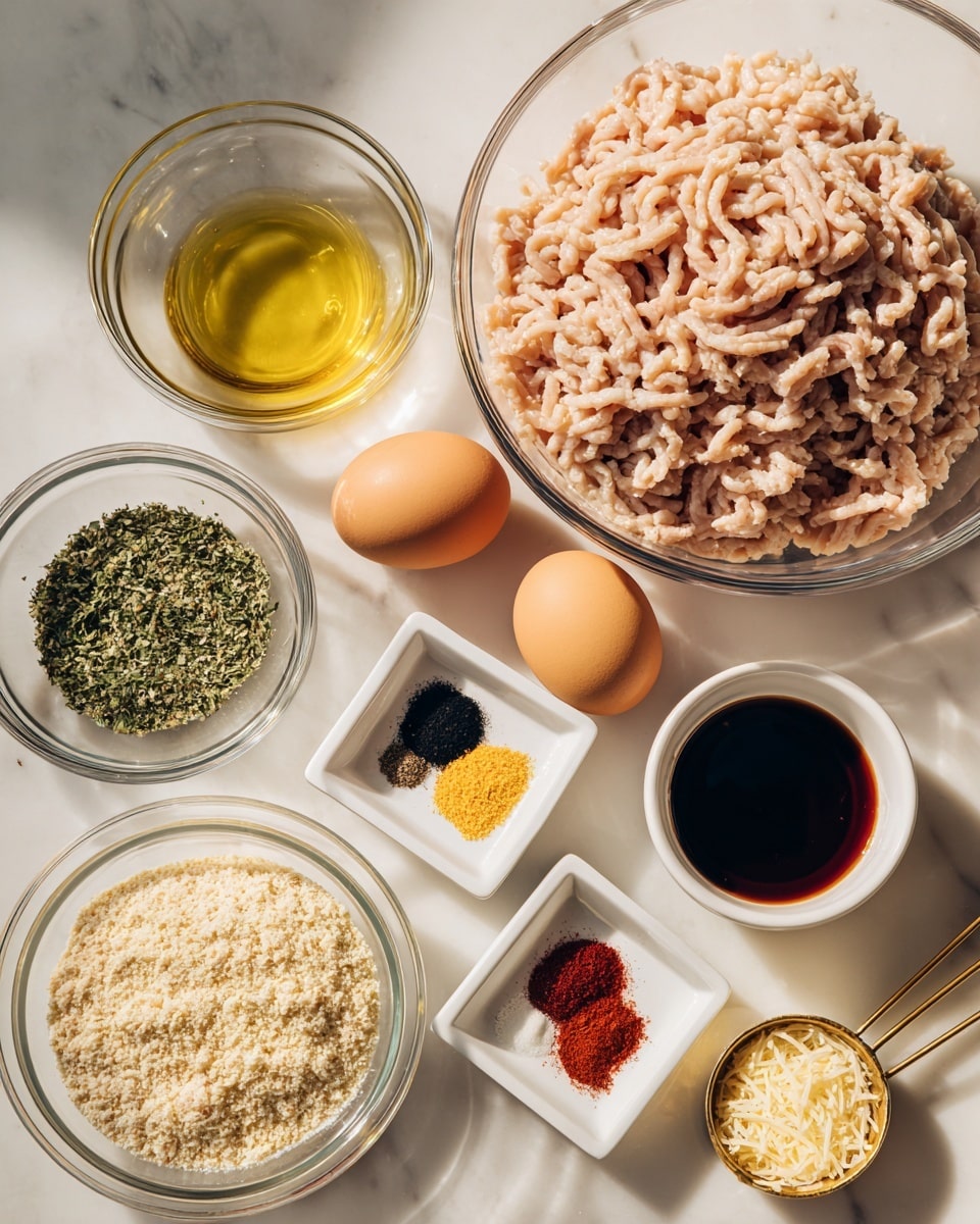 The image shows an arrangement of clear and white bowls on top of a white marbled surface, each holding different cooking ingredients labeled in black text. In the lower left, a clear bowl is filled with light beige breadcrumbs mixed with green herbs. Above this, a larger clear bowl contains pale pink ground chicken with a textured, twisted surface. To the right of the ground chicken, a small white bowl holds two whole brown eggs. Above the eggs, a small white square bowl contains various seasonings stacked in small piles of black, red, yellow, and pale yellow powders. To the left of the seasoning, a small clear bowl is filled with golden olive oil. Below the eggs and seasoning, a small white round bowl contains dark brown Worcestershire sauce. Finally, a golden measuring cup filled with finely grated pale yellow Parmesan cheese is placed to the right near the bottom. photo taken with an iphone --ar 4:5 --v 7