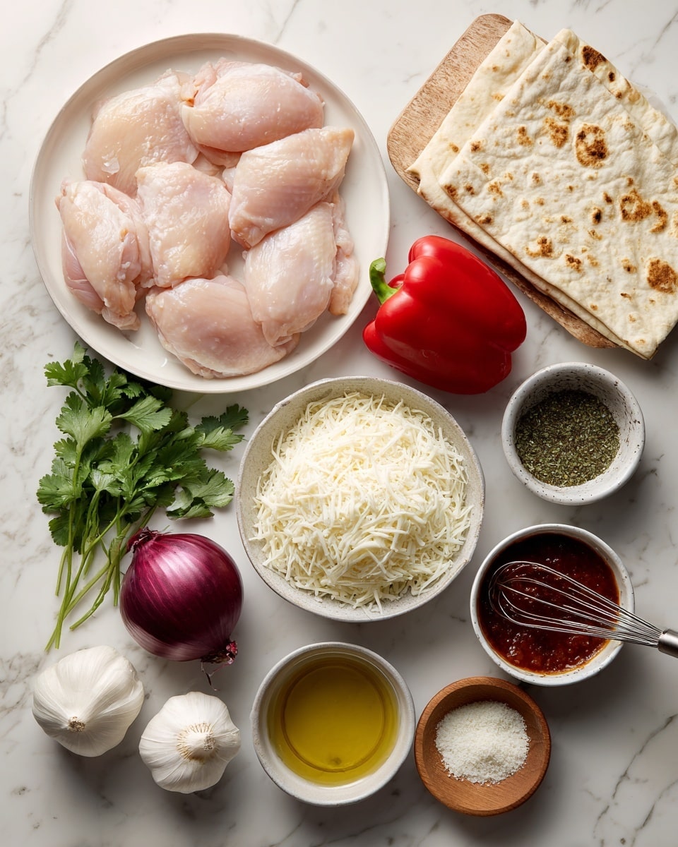 The image shows various ingredients placed over a white marbled surface, each labeled plainly in black text. There is a white plate arrangement of four raw chicken pieces with a smooth, pale pink color. Nearby, there are two rectangular flatbreads stacked under a bright red bell pepper, creating a base. A small white bowl holds shredded mozzarella cheese, showing a soft and fluffy white texture, placed on the flatbread. A tiny wooden bowl with grated Parmesan cheese rests near the chicken showing a dry, crumbly white texture. Other ingredients include a whole red onion with deep purple-red skin, a cluster of green cilantro leaves, a bulb of white garlic, a small bowl with a mix of herbs called seasoning, a ceramic bowl containing light yellow olive oil, and a small gray bowl filled with brown BBQ sauce with a silver whisk inside. The whole setup is neat and clean, arranged in a flat lay style. photo taken with an iphone --ar 4:5 --v 7