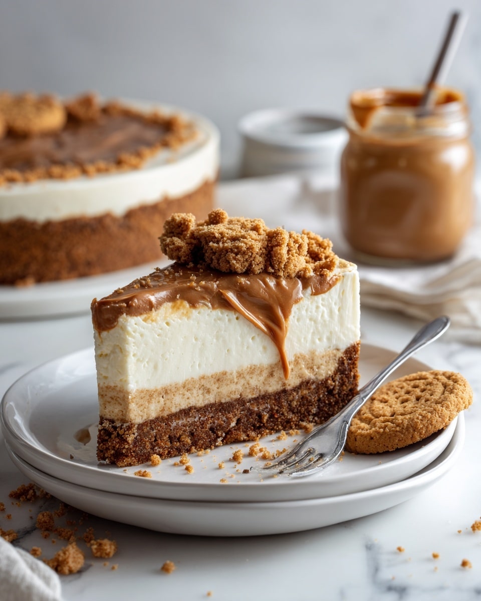 A dessert with three layers is shown on a white plate with a silver fork. The bottom layer is a crumbly brown crust, the middle layer is thick and creamy white, and the top layer is a smooth brown spread with crushed cookie crumbs covering part of it. A broken cookie is placed on the side of the pie on a larger white plate, with crumbs scattered around. The scene has a white marbled surface, and there is a jar filled with brown spread with a woman's hand dipping a spoon in it nearby. Photo taken with an iphone --ar 4:5 --v 7