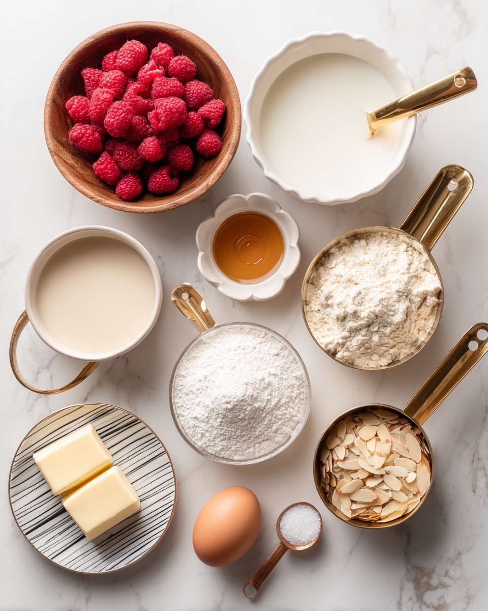 A top-down view of various baking ingredients arranged neatly on a white marbled surface. There is a round wooden bowl filled with bright red raspberries at the top center. Below and slightly left, a clean white bowl holds a light beige milk. To the right of the milk, a small white bowl shaped like a flower contains a golden-brown vanilla extract. Next to it, a tiny wooden bowl holds creamy almond extract. Below these, a single light brown egg rests on the marble. To the right of the egg, a gold-handled measuring cup is filled with white all-purpose flour, and below it another gold-handled measuring cup holds white yogurt with a smooth texture. On the bottom right, a gold-handled cup contains light brown shaved almonds. To the left of the flour, another gold-handled measuring cup contains powdery white confectionery sugar. Below the milk, a white bowl is filled with fine, white granulated sugar. Near the bottom left corner on a small white plate with black stripes, there are three pieces of pale yellow butter. Lastly, a small copper spoon with salt is placed near the bottom center. The whole setup is clear, bright, and organized, with labels identifying each ingredient photo taken with an iphone --ar 4:5 --v 7