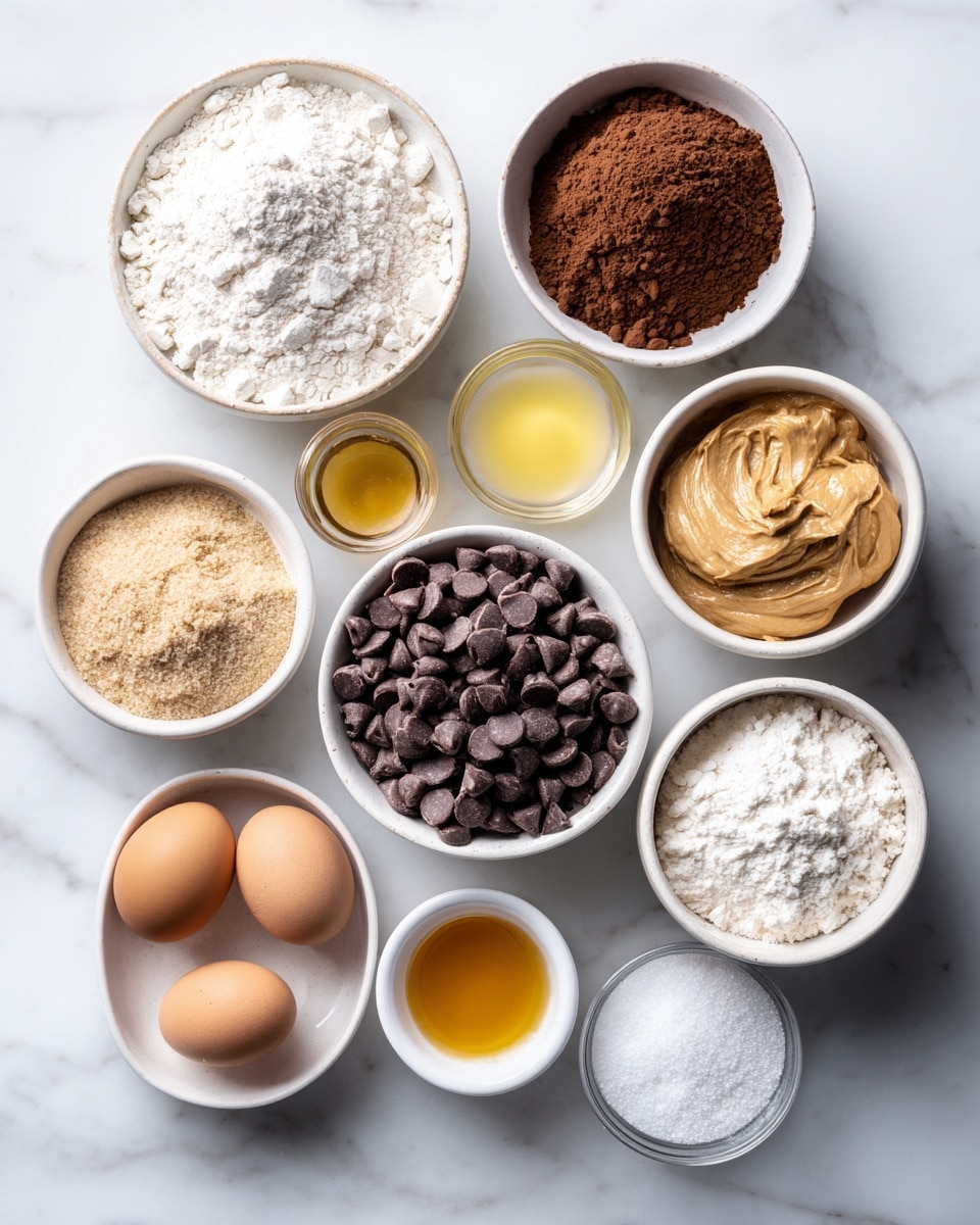 The image shows eleven white bowls arranged on a white marbled surface, each containing different baking ingredients. Starting from the top right and moving clockwise, the first bowl is filled with fine white all-purpose flour, the second smaller bowl holds deep brown cacao powder with a dry texture, and next is a small white bowl with yellow melted unsalted butter. Below it, a very small bowl holds light amber liquid vanilla extract. To the right, a small bowl contains white baking powder with a powdery texture. Moving left, a white bowl filled with light brown powdery brown sugar is placed beside a bigger bowl containing creamy, light brown peanut butter. Above that is an even smaller bowl with fine white salt. Near the center is a large bowl overflowing with medium-sized dark brown chocolate chips. Above left is a small bowl with two whole raw eggs showing yellow yolks and clear whites. Finally, a small bowl of white granulated sugar completes the set on the left side. All bowls sit on the white marbled surface, lit evenly to bring out texture details photo taken with an iphone --ar 4:5 --v 7