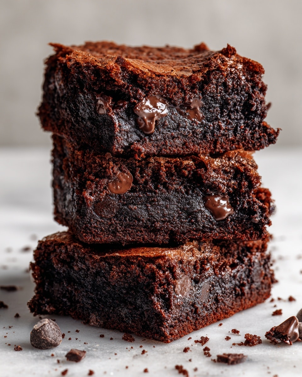 A stack of three thick, rich chocolate brownies is shown close up on a white marbled surface. Each brownie has a dark brown, moist texture with bits of chocolate chips melted inside and on top. The brownies have slightly crumbly edges and a dense, fudgy middle layer with melted chocolate running through it. Some small chocolate crumbs are scattered around the base, adding a casual, homemade feel. The top layer has more visible chocolate chips that add a shiny, slightly soft texture. photo taken with an iphone --ar 4:5 --v 7