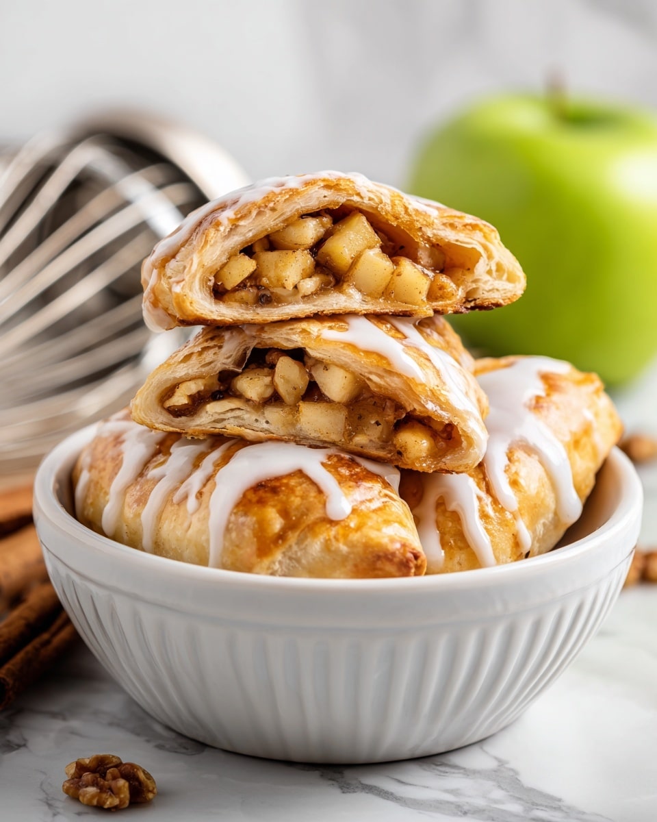 A white bowl with a ridged surface holds several folded golden-brown pastries, each drizzled with white icing on top. One pastry is cut open and stacked on top of another, showing filling layers of small yellow apple chunks, glossy brown walnut pieces, and cinnamon-spiced syrup inside a soft, slightly toasted dough. In the background, a metal whisk leans against the bowl, and part of a green apple is slightly visible on a white marbled surface. photo taken with an iphone --ar 4:5 --v 7