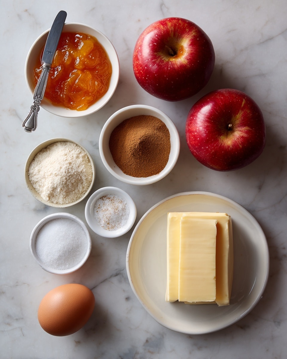 The image shows a flat lay of cooking ingredients on a white marbled surface with labels next to each item. On the top left is a small white bowl filled with orange apricot jam, with a small knife resting inside it. To the right of it are two red apples with a shiny, smooth skin. At the top right corner, there is a folded block of pale yellow puff pastry. Below the apples, a white plate holds brown sugar, cinnamon powder, and some salt, each in separate areas on the plate. At the bottom left, a small white bowl contains a whole brown egg. The overall look is neat and organized, with clear text labels identifying each ingredient photo taken with an iphone --ar 4:5 --v 7