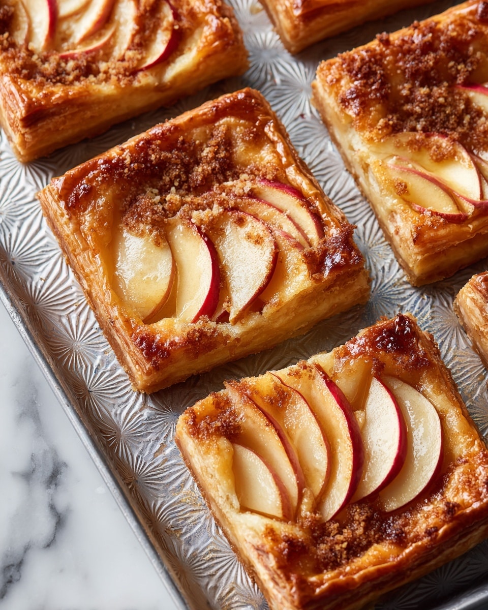 The image shows square pastries on a silver baking tray with a textured pattern. Each pastry has two main layers: a golden brown, flaky crust with slightly raised edges, and inside the crust, there are thin slices of red-skinned apple arranged in a fan shape. The apple slices are topped with a sprinkle of brown sugar or cinnamon, adding a crumbly texture and darker color contrast. The pastries look baked with a shiny, glazed finish on the crust and slight browning on the edges. The background surface beneath the tray is a white marbled texture. Photo taken with an iphone --ar 4:5 --v 7