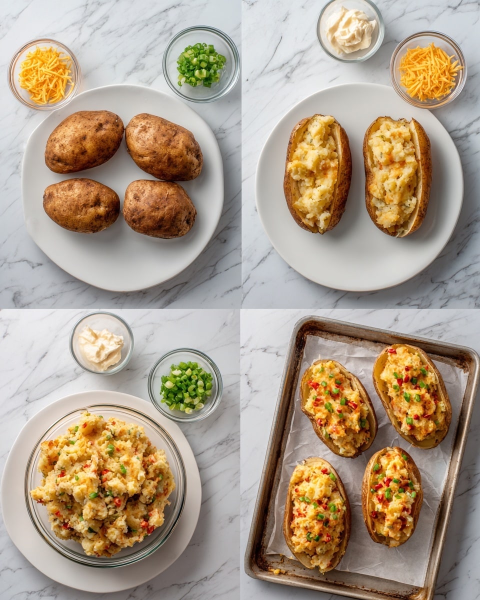 The image shows a step-by-step process of making twice-baked potatoes in four parts. The first part has six whole, baked potatoes with brown, slightly wrinkled skins placed on a white plate on a white marbled surface, with small bowls of shredded cheese and sour cream nearby. The second part displays the potato skins hollowed out and set on the same white plate, showing a creamy light yellow inside, with bowls of shredded cheese and sour cream above them. The third part shows a clear glass bowl filled with a textured, creamy mixture of mashed potato, bits of red pepper, and green onions on top, with the empty potato skins on a metal tray. The fourth part features the potato skins filled with the creamy mixture, piled high and slightly textured with bits of green and red, placed on parchment paper in a baking tray. The whole setup is on a white marbled surface. photo taken with an iphone --ar 4:5 --v 7