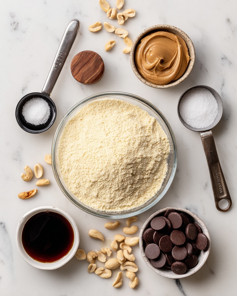 A flat lay of baking ingredients on a white marbled surface, including a large clear glass bowl filled with pale yellow almond flour at the bottom center. To the top right, a silver measuring cup holds smooth, light brown peanut butter. Nearby, a small beige ceramic bowl contains a small amount of dark vanilla extract. A small wooden container with a lid is open to show white salt inside. A metal measuring spoon with white coconut oil sits near scattered pale yellow peanuts. A tiny black measuring cup with dark maple syrup is towards the left, and a small white bowl holds round chocolate melts, which are dark brown and shiny. photo taken with an iphone --ar 4:5 --v 7