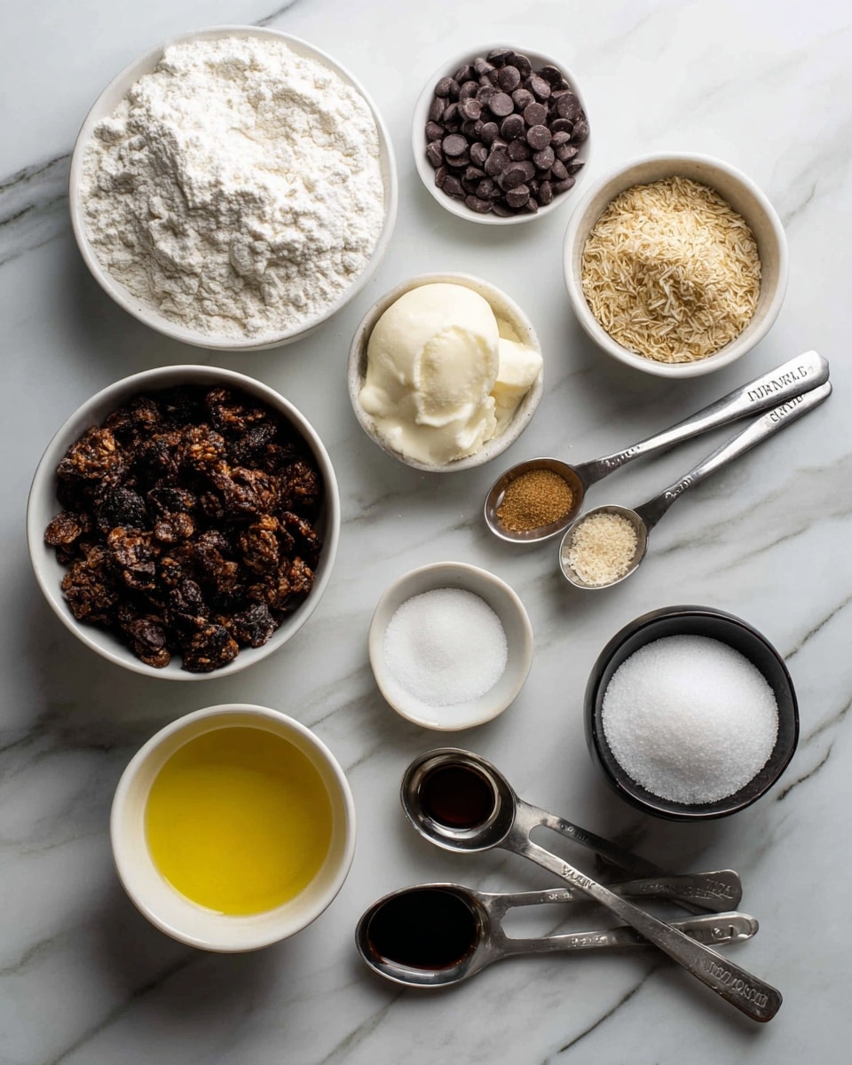 The image shows various baking ingredients placed on a white marbled surface, each in small white bowls or metal measuring spoons arranged in a loose cluster. There is a scoop of white flour in a metal spoon, nearby a white bowl filled with dark brown granola clusters. A metal spoon holds small round dark chocolate chips. Another small white bowl contains golden yellow olive oil, and next to it is a black bowl with creamy light almond milk. There is a small dark colored bowl with white salt, a metal spoon with fine white sugar, and another with light brown coconut sugar. Two tiny metal spoons hold white baking soda and a small amount of dark vanilla liquid, all labeled clearly above each item. photo taken with an iphone --ar 4:5 --v 7