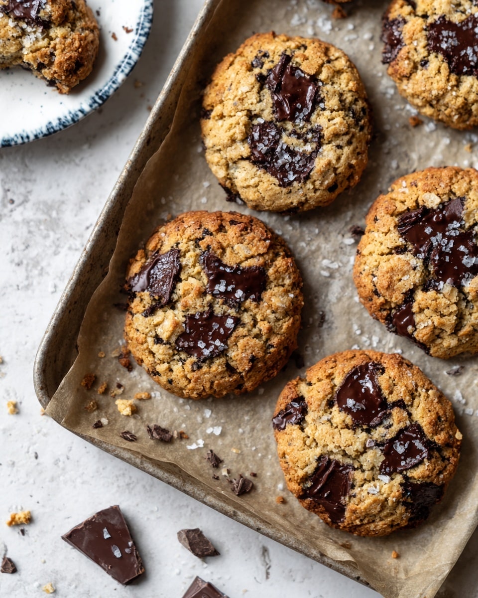 Several oat cookies with melted chocolate chunks on top are placed on a baking tray lined with parchment paper. The cookies are light brown and slightly crumbly, with dark shiny patches of melted chocolate irregularly spread across their surface. Some pieces of solid chocolate chunks and small crumble bits are scattered around the cookies, enhancing the rustic and fresh-baked look. Part of a white plate with a blue rim sits at the bottom left edge, slightly out of focus. The whole scene rests on a white marbled textured surface. photo taken with an iphone --ar 4:5 --v 7