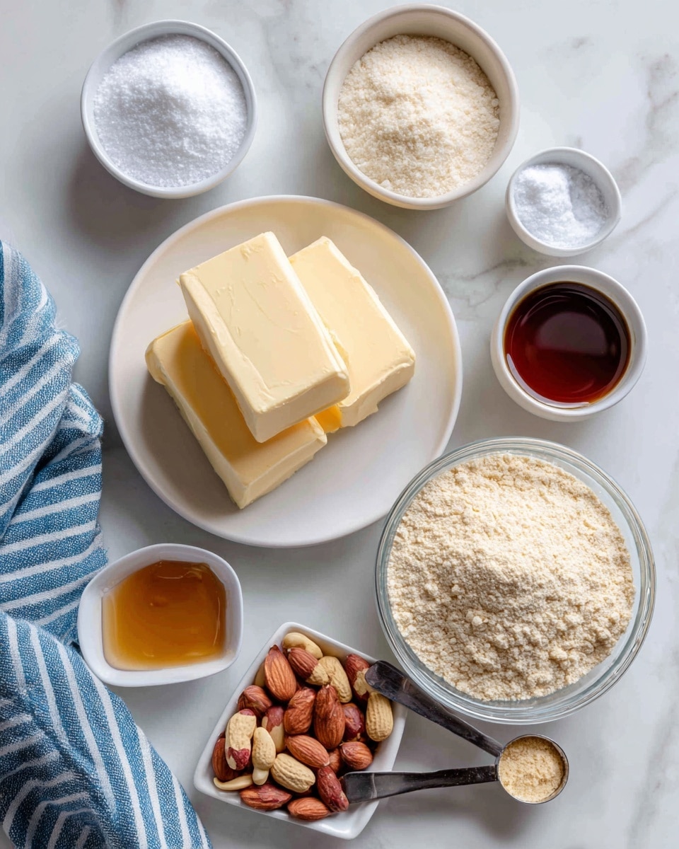 The image shows ingredients neatly arranged on a white marbled surface, including a white plate at the center holding two blocks of vegan butter, one stacked on top of the other, both pale yellow with smooth texture. To the right is a clear glass bowl filled with light beige almond flour that has a slightly grainy texture on top. Above the plate, a small white bowl contains a fine white powder of arrowroot powder, while a small white dish next to it holds a pinch of salt with a coarse crystalline look. On the left side, a scoop filled with white granulated sugar, another bowl with solid white coconut oil, a small white square dish with glossy dark amber maple syrup, and two measuring scoops at the bottom; one filled with smooth, light brown peanut butter and the other with whole peanuts showing reds and creams in a shiny metal scoop. A folded blue and white striped cloth is placed on the far left. photo taken with an iphone --ar 4:5 --v 7