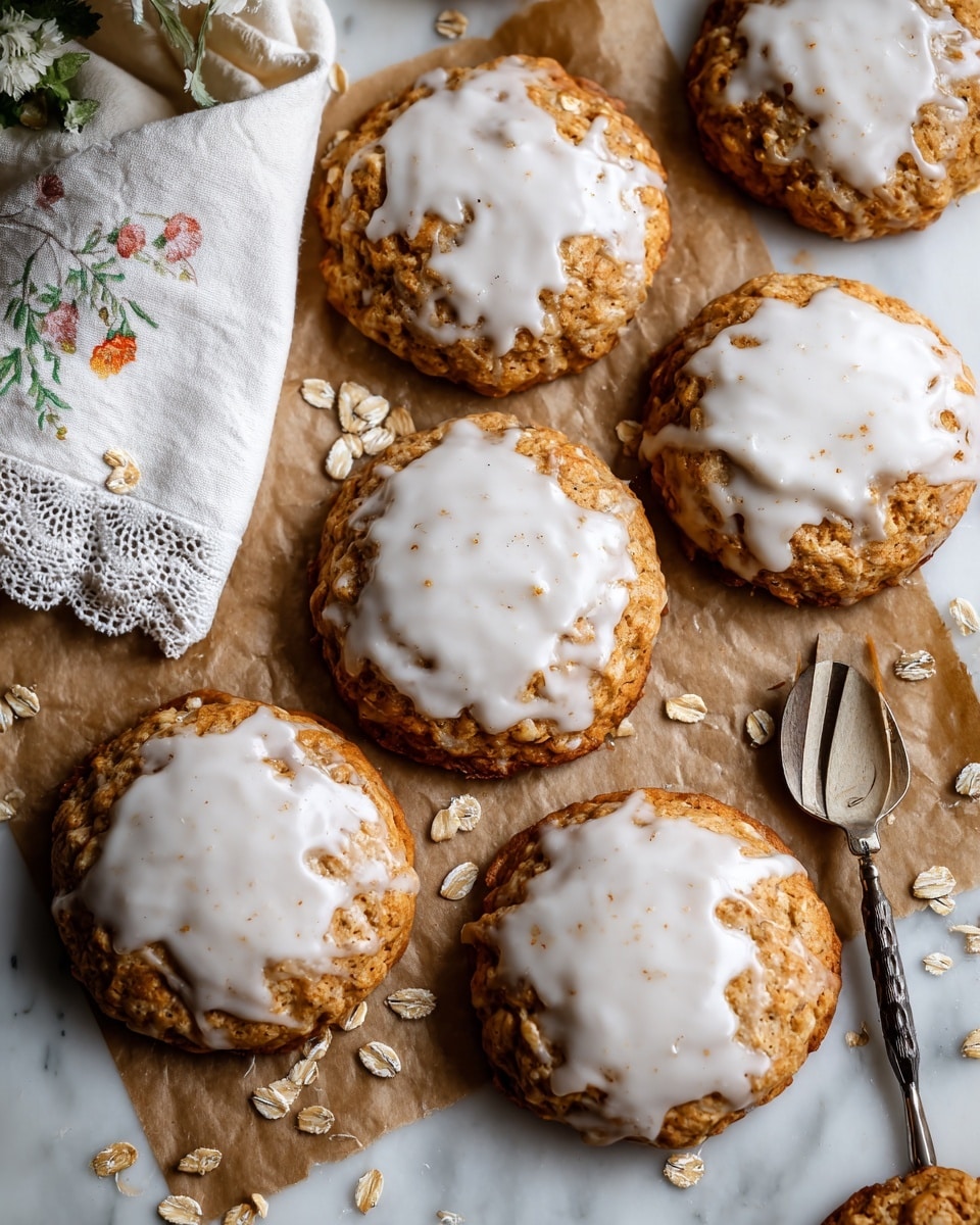The image shows several round oatmeal cookies with a chunky texture in a light golden brown color. Each cookie is topped with a thick layer of smooth white icing that drips artistically down the sides. The cookies rest on a tan parchment paper that is sprinkled with raw oats and a dusting of fine cinnamon powder, all placed on a white marbled surface. The close-up view captures the rough oat flakes and the creamy icing’s glossy finish. Photo taken with an iphone --ar 4:5 --v 7