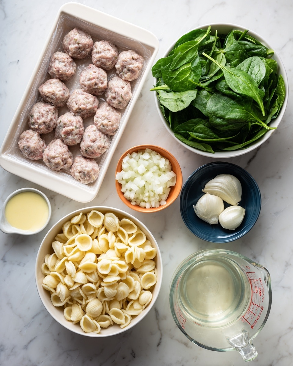 A top view of seven different ingredients on a white marbled surface: at the top left, a white tray of raw Italian sausage with a clear plastic cover; top right, a white bowl filled with fresh dark green spinach leaves; middle left, a white bowl with chopped white onion pieces; center, a small orange bowl holding minced garlic; middle right, a small dark blue bowl with a dollop of pale yellow dijon mustard; bottom left, a white bowl full of pale yellow orecchiette pasta; and bottom right, a clear measuring cup with white wine, showing measurement markings. Photo taken with an iphone --ar 4:5 --v 7