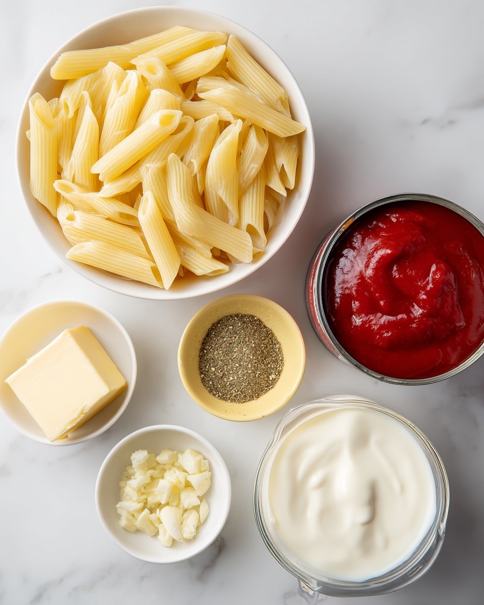 The image shows ingredients placed on a white marbled surface. At the top left is a white bowl filled with dry, pale yellow penne pasta, with visible ridges. To the right, there is an opened can filled with red tomato sauce, showing a smooth and shiny texture. Below the pasta, a small white bowl holds a pinch of greenish-brown Italian seasoning, finely ground. Near it is a small yellow bowl with small pieces of minced garlic, creamy white with some bits. At the bottom left, a small white bowl contains a square piece of pale yellow butter. To the right, there is a clear measuring cup filled with smooth white heavy cream. At the bottom right, a small white bowl holds thick, bright red tomato paste with a slightly chunky texture. photo taken with an iphone --ar 4:5 --v 7