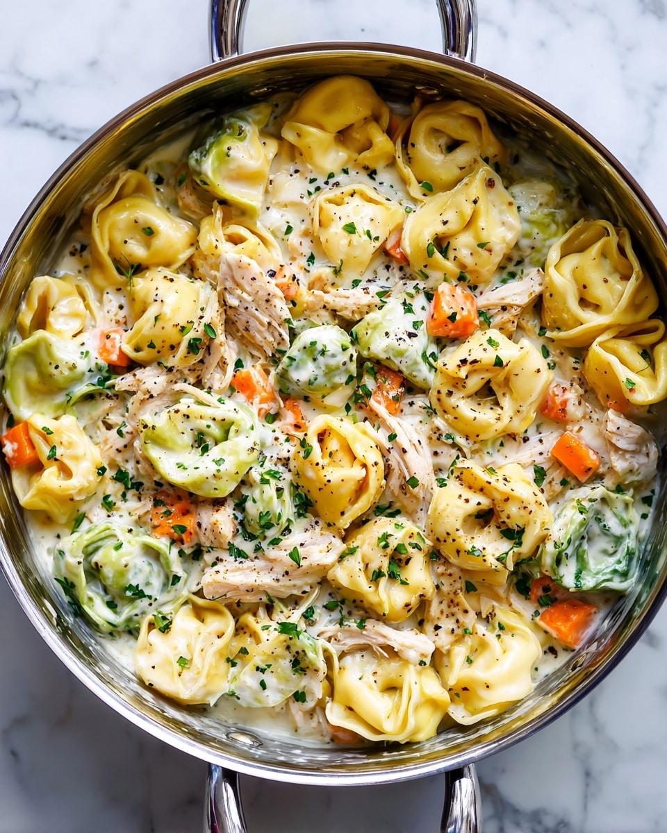 A close-up top view of a stainless steel pan filled with three-color tortellini pasta in creamy white sauce, featuring green, orange, and white tortellini pieces mixed with shredded light-colored chicken. The sauce is smooth and coats the pasta and chicken, sprinkled with black pepper and herbs. The pan sits on a white marbled surface, showing the shiny metal handles at the bottom edge of the image. photo taken with an iphone --ar 4:5 --v 7