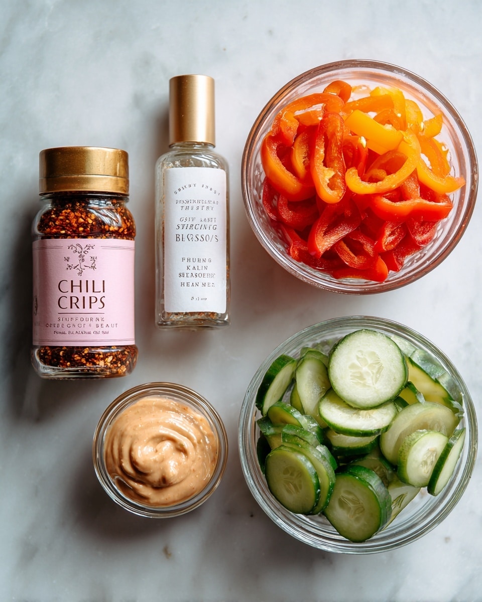 A flat lay on a white marbled surface shows four main items: at the top right, a clear glass bowl filled with two layers of thinly sliced bright orange and red bell pepper rings, with a glossy texture; at the bottom left, a clear glass bowl filled with thick slices of green cucumber with pale green centers and a shiny texture; at the bottom right, a smaller clear glass bowl with a smooth, beige creamy sauce inside; and at the top left, two condiment containers—a large jar with a gold lid and a pink label reading