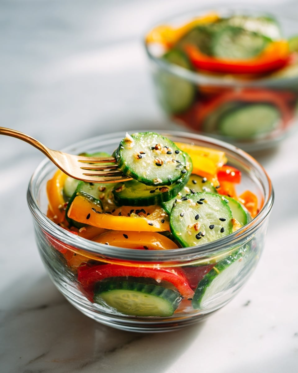 A clear glass bowl filled with fresh cucumber salad showing two main layers: the bottom layer has thinly sliced yellow and red bell peppers with a smooth texture, and the top layer has thick green cucumber slices with a slightly rough skin texture. The salad is sprinkled with black and white sesame seeds and small bits of garlic, adding contrast to the colors. A gold fork holds a green cucumber slice in the foreground, and the bowl sits on a white marbled surface with soft natural light. photo taken with an iphone --ar 4:5 --v 7