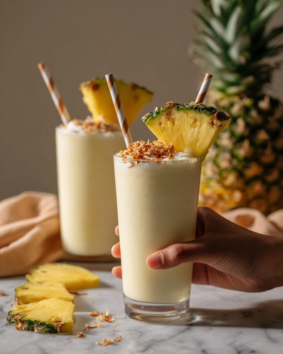 Two clear glasses filled with a thick creamy pale yellow smoothie, topped with a small pile of toasted coconut flakes. Each glass has a large triangular yellow pineapple slice with green skin perched on the rim. White and copper striped paper straws stand upright in the smoothies. One glass is held by a woman's hand in the foreground, while the second glass stands on a white marbled surface in the background with more pineapple pieces scattered around. The overall scene is softly lit with a neutral tan cloth adding warmth to the background. Photo taken with an iphone --ar 4:5 --v 7