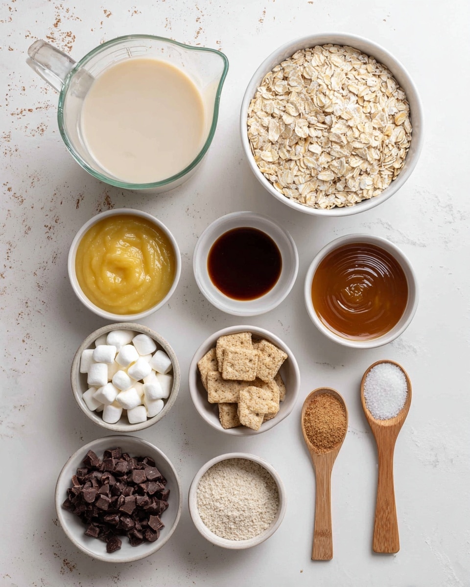 A top-down image shows clear glass measuring cup filled with creamy almond milk on the left next to a white bowl full of light beige oats on the right, both on a white marbled surface. Below them, small white bowls hold smooth yellow applesauce, dark amber maple syrup, and golden coconut oil. A small white bowl filled with white mini marshmallows is on the left side. Below these, a light gray bowl contains dark chocolate chips and a white bowl holds broken light brown graham crackers. On the right side, three wooden spoons rest on the surface with white sea salt, light beige baking powder, and light brown ground flaxseed, each spoonful neatly arranged. The scene is bright, clean, and well lit. Photo taken with an iphone --ar 4:5 --v 7
