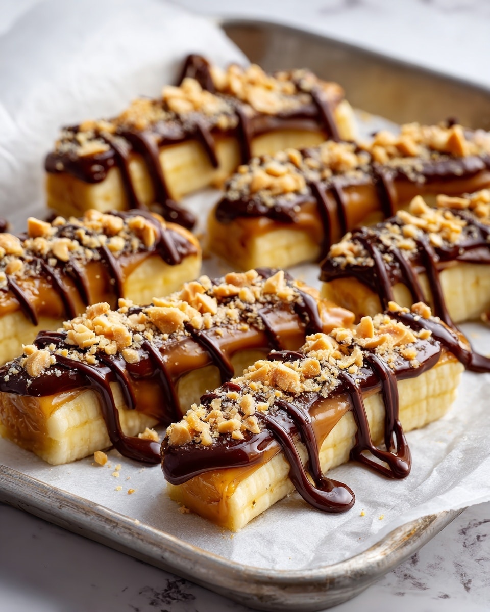 The image shows several banana pieces, each cut lengthwise into two layers. The bottom layer is the pale yellow banana slice. On top of the banana is a smooth, golden caramel layer with a sticky texture. Then there is a sprinkle of small, chunky, light brown peanut pieces evenly spread over the caramel. The top layer is a dark, glossy, melted chocolate drizzle arranged in thin, irregular lines across each banana piece, with some dripping onto the white marbled surface below. These banana treats are placed on white parchment paper on a metal tray. Photo taken with an iphone --ar 4:5 --v 7