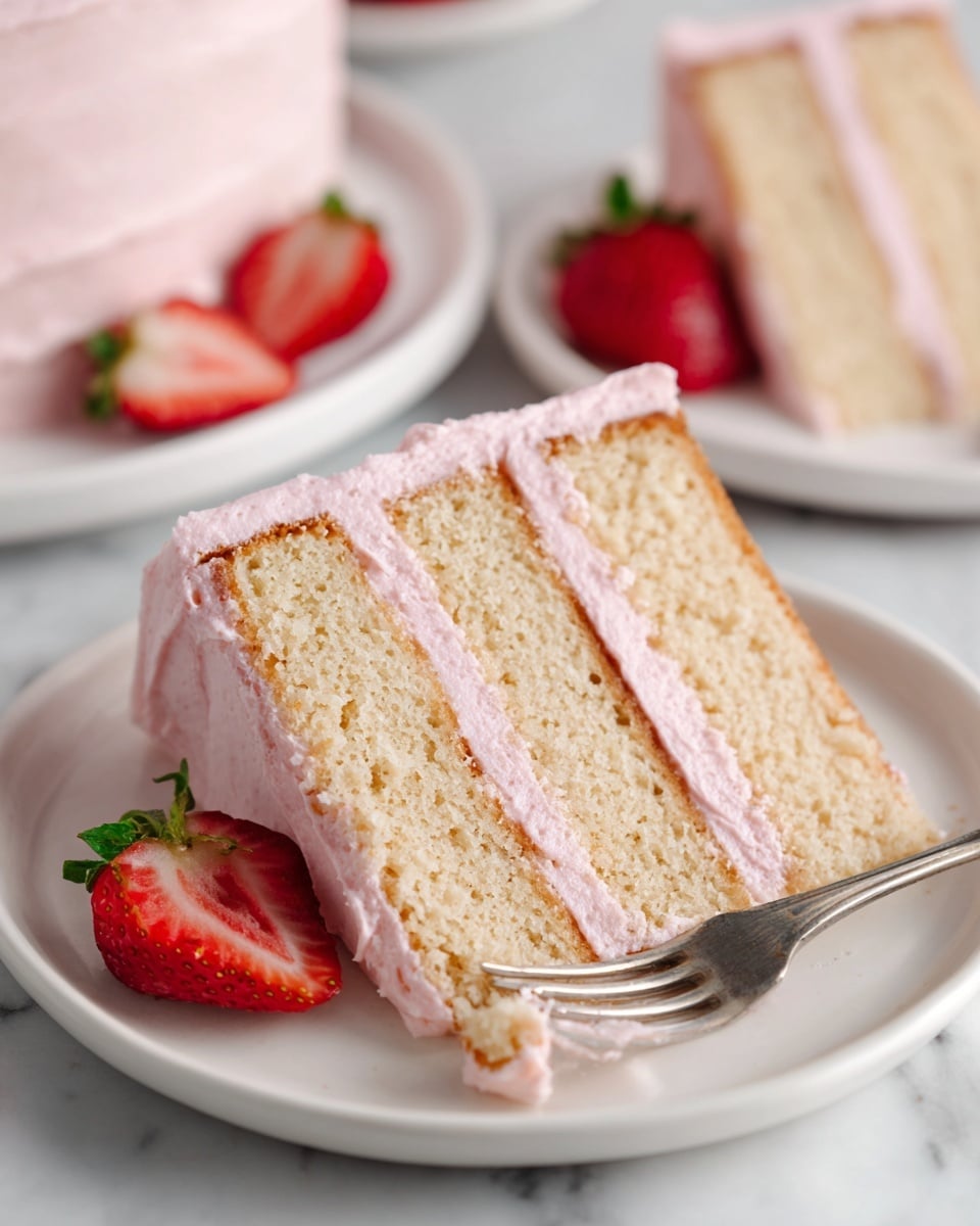 A white plate holds a three-layer cake slice with light brown sponge layers that look soft and airy. Between each sponge layer is a thick, smooth layer of light pink frosting. The edges of the cake slice are fully covered in the same pink frosting. On the plate near the cake is a silver fork with a piece of cake held on its tines. Next to the cake, there is a halved strawberry placed on a white marbled surface. In the back, another white plate with more cake slices and strawberries is slightly out of focus. The photo taken with an iphone --ar 4:5 --v 7