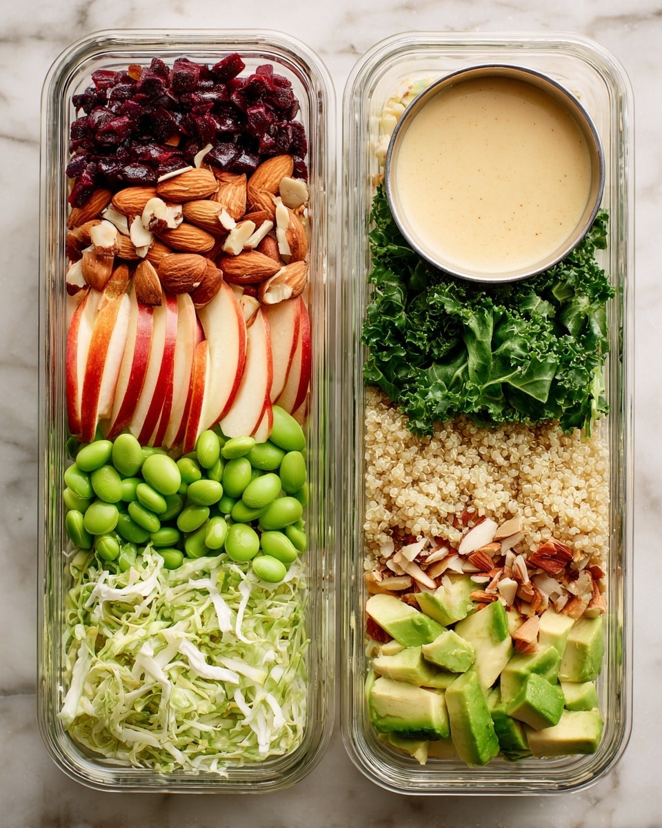 Three clear glass meal prep containers sit on a white marbled surface. Each container is neatly divided into colorful layers: vibrant dark green kale on one side with light green sliced avocado, followed by light yellow shredded cabbage next to a middle strip of light tan quinoa. Bright green edamame forms a thick layer next to the quinoa. On the opposite side, there are chopped red and cream apple pieces mixed with brown almond chunks. Each container holds a small round metal cup filled with beige creamy dressing, sitting atop the quinoa and cabbage layers. photo taken with an iphone --ar 4:5 --v 7