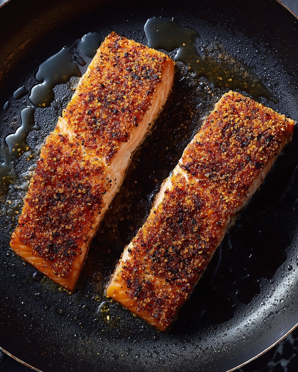 Two pieces of cooked salmon with a dark orange-brown spice crust sit on the black surface of a pan, showing a rough texture with some charred spots. The pan has small drops of oil around the salmon, highlighting the cooking process. The background is changed to a white marbled texture. photo taken with an iphone --ar 4:5 --v 7