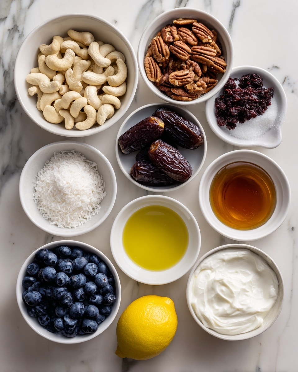 The image shows a top-down view of nine white bowls and a lemon arranged on a white marbled surface. The largest bowl at the top left is filled with soaked raw cashews that are creamy beige and soft in texture. To its right, a smaller bowl contains rich brown pecans with a slightly glossy, ridged surface. Below these, a bowl holds dark reddish-brown Medjool dates, smooth and shiny. Next to it, on the right, is a bowl of white, thick coconut cream with a smooth texture. A small bowl of solid white coconut oil is placed below the dates. To its right is a small bowl filled with amber-colored maple syrup, glossy and smooth. Slightly to the right and above the syrup, there is a bowl of plump, deep blue blueberries. At the bottom left, a bowl contains white shredded coconut. Beside it, a bowl holds golden vanilla extract, with a white bowl of fine white salt next to it. A bright yellow whole lemon completes the set near the blueberries and maple syrup, adding a pop of color. photo taken with an iphone --ar 4:5 --v 7