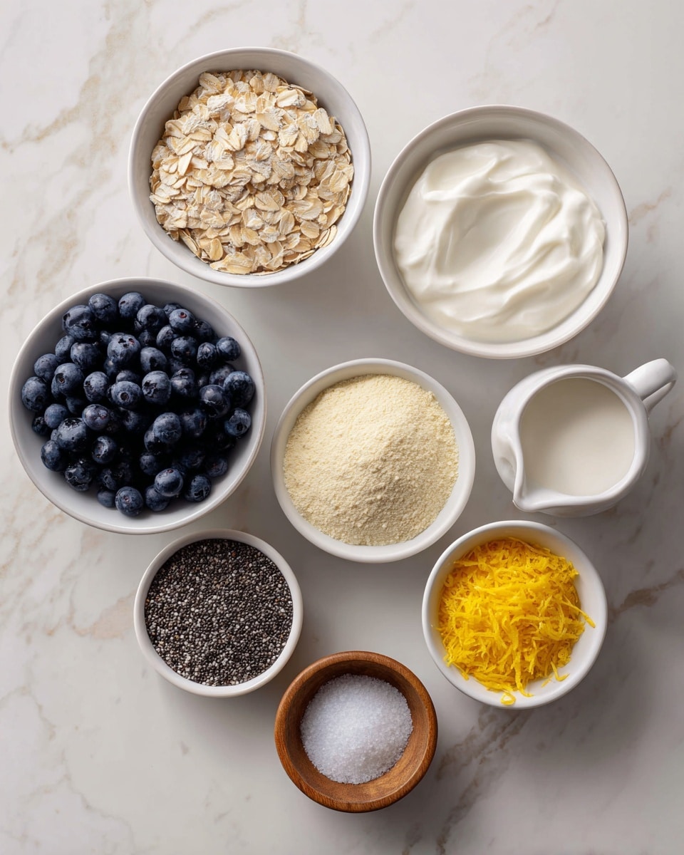 The image shows eight small white bowls arranged on a white marbled surface, each with a different ingredient. Starting from the top left, the first bowl holds light tan oats with a dry texture. To its right, a bowl filled with smooth, creamy white Greek yogurt. Below the oats, a bowl of dark blue round blueberries. In the center, a small bowl with light yellow vanilla protein powder that looks finely ground. To the right of the powder is a small white pitcher holding white non-dairy milk. Below the blueberries, a bowl filled with tiny black and white chia seeds with a rough texture. Next to it, a small bowl with a dark amber liquid maple syrup. To the right of the syrup, a small bowl of bright yellow lemon zest with a fluffy texture. At the bottom center, a small wooden bowl contains fine white salt. The bowls are neatly spaced, and the image is brightly lit with soft natural light. photo taken with an iphone --ar 4:5 --v 7