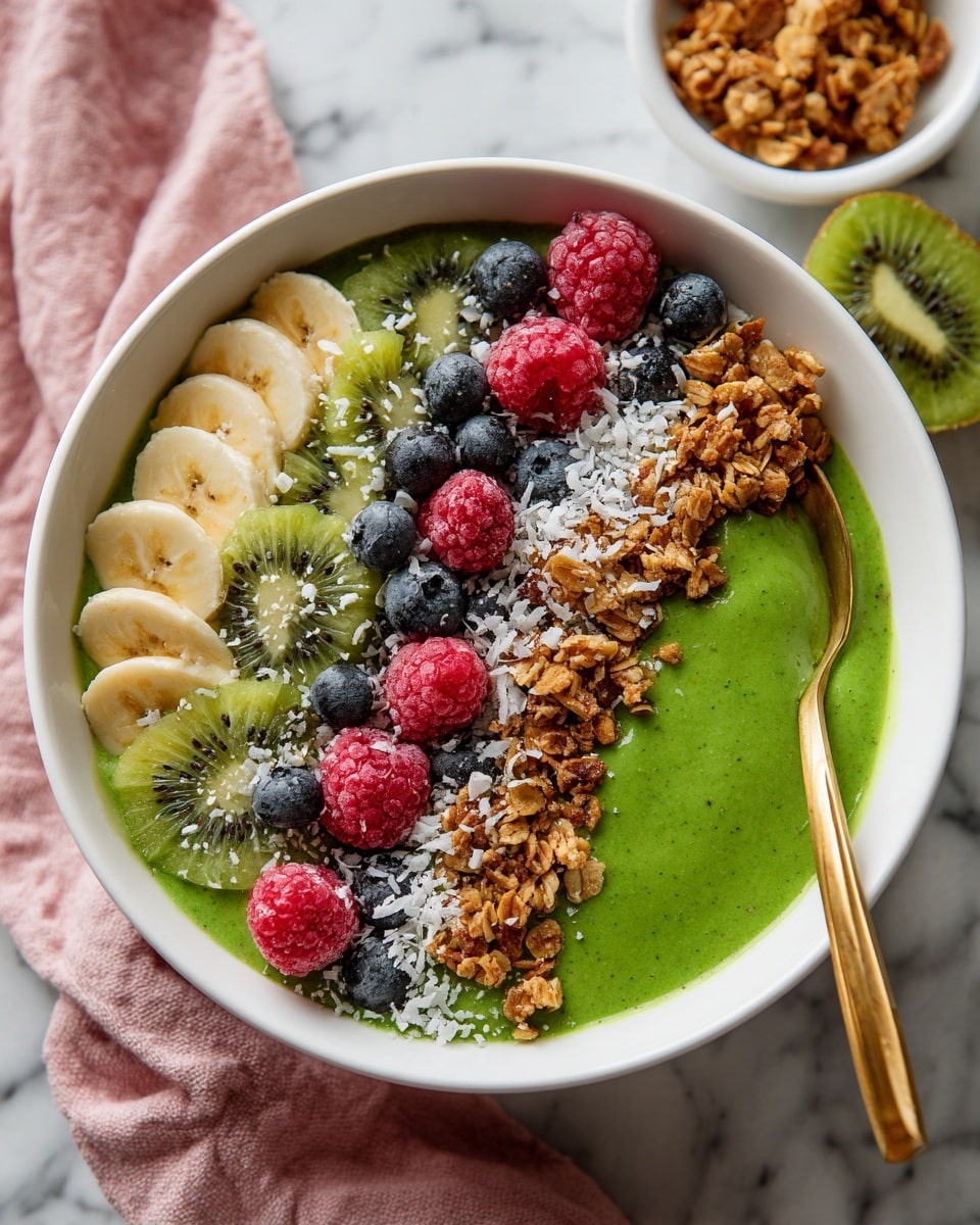 A white bowl filled with a vibrant green smoothie base, topped with five distinct layers: thinly sliced light beige banana pieces arranged in a neat arc on the top left, a cluster of bright red raspberries and deep blue blueberries mixed together just below the banana, two fresh green kiwi slices positioned on the right side, a mound of golden brown granola on the bottom right, and a sprinkle of tiny black chia seeds and white coconut flakes scattered over the fruit and granola. A woman's hand holds a gold spoon, dipping into the smoothie on the right side of the bowl. The bowl rests on a white marbled surface with four smaller white dishes nearby holding sliced kiwi, more mixed berries, granola, and sliced banana, along with a pink cloth beneath the main bowl. Photo taken with an iphone --ar 4:5 --v 7