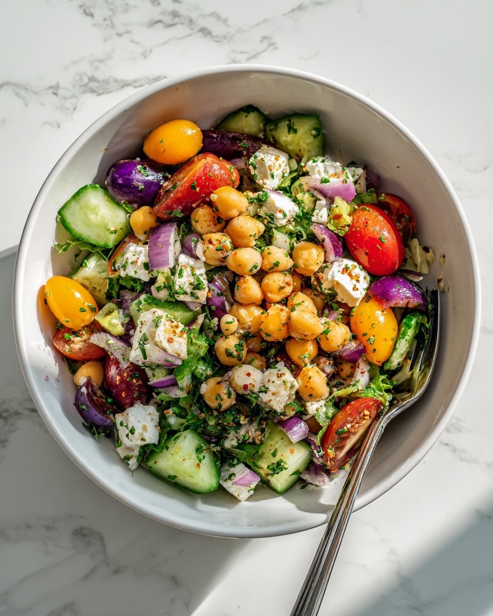 A white plate filled with a colorful salad in three layers: the bottom layer is fresh green lettuce leaves, the middle layer contains slices of red and yellow bell peppers, chickpeas, cherry tomatoes, chopped cucumbers, and cubes of white cheese with herbs sprinkled on top, and the top layer shows a light brown, herb-speckled dressing being poured from a clear glass jar by a woman's hand. The background is a white marbled surface with a blurred white bowl of salad in the back, enhancing the focus on the fresh ingredients on the plate. photo taken with an iphone --ar 4:5 --v 7