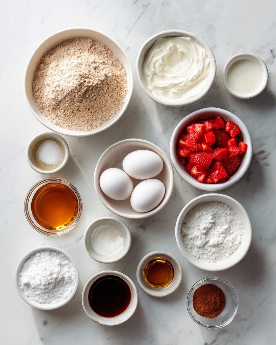 The image shows several small white bowls and one large white bowl each holding an ingredient arranged on a white marbled surface. In the largest bowl on the top left is whole wheat pastry flour with a light brown color and powdery texture. Small bowls contain clear coconut oil, white almond milk, thick white Greek yogurt, and two white eggs in one bowl. Other bowls hold a dark amber liquid maple syrup, bright red chopped strawberries, and small amounts of white baking soda, white baking powder, sea salt, brown cinnamon powder, and dark vanilla extract. The bowls are neatly spaced and labeled with their ingredient names in clear black text on white strips. The photo taken with an iphone --ar 4:5 --v 7